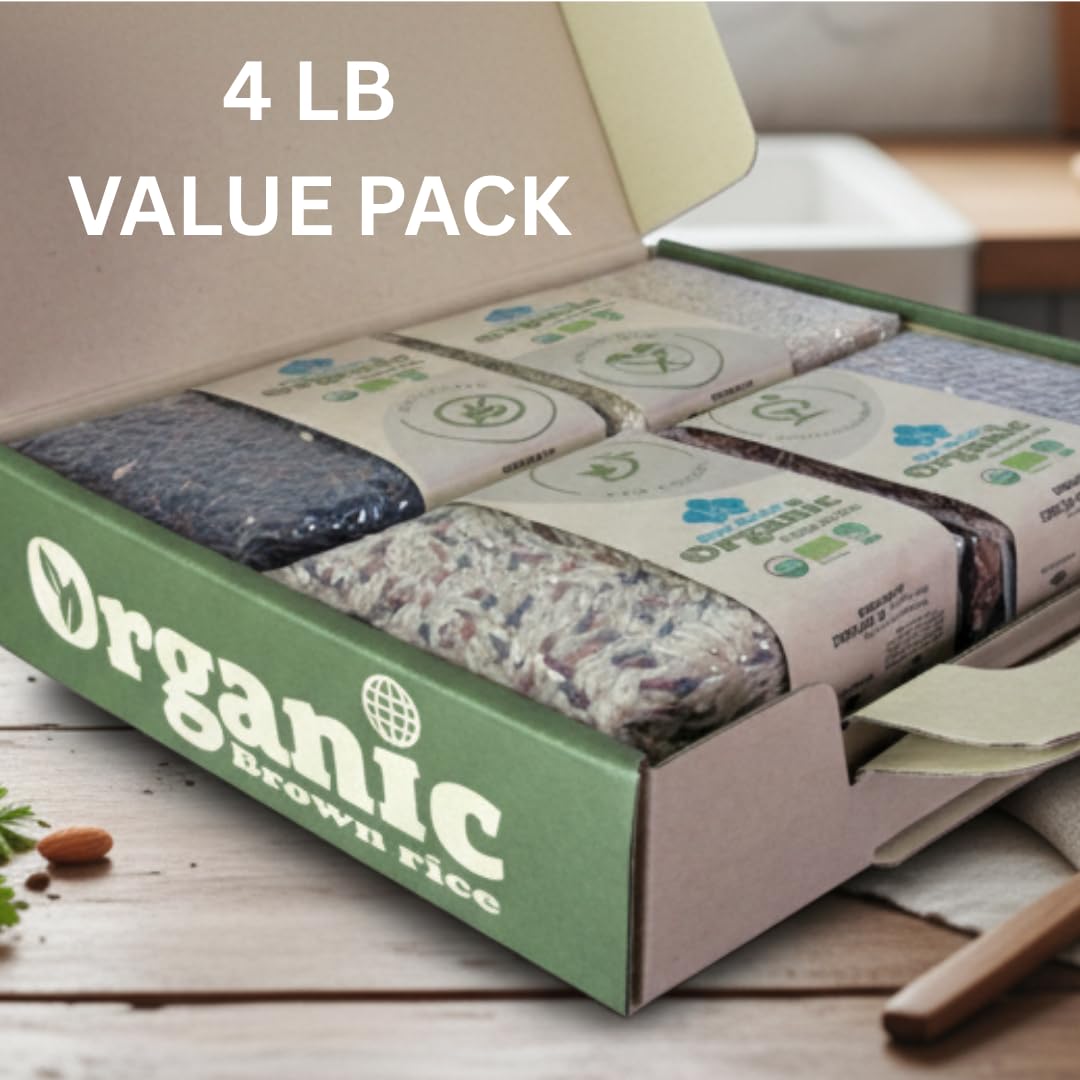 Organic Thai Jasmine Rice Gift Set - 4 Kinds of Rice - Brown Jasmine - Red Jasmine - Black Jasmine Riceberry - Mixed Jasmine Rice - 4 LB Let's Go