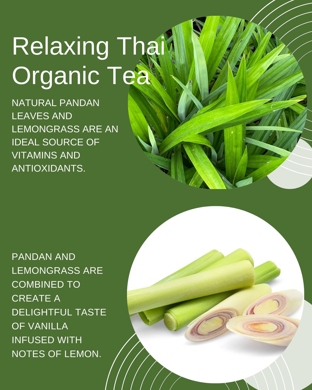 Lemongrass Pandan Leaf Tea Bags - Relaxing Thai Herbal Gourmet Organic Tea - Caffeine Free - 40 Tea Bags