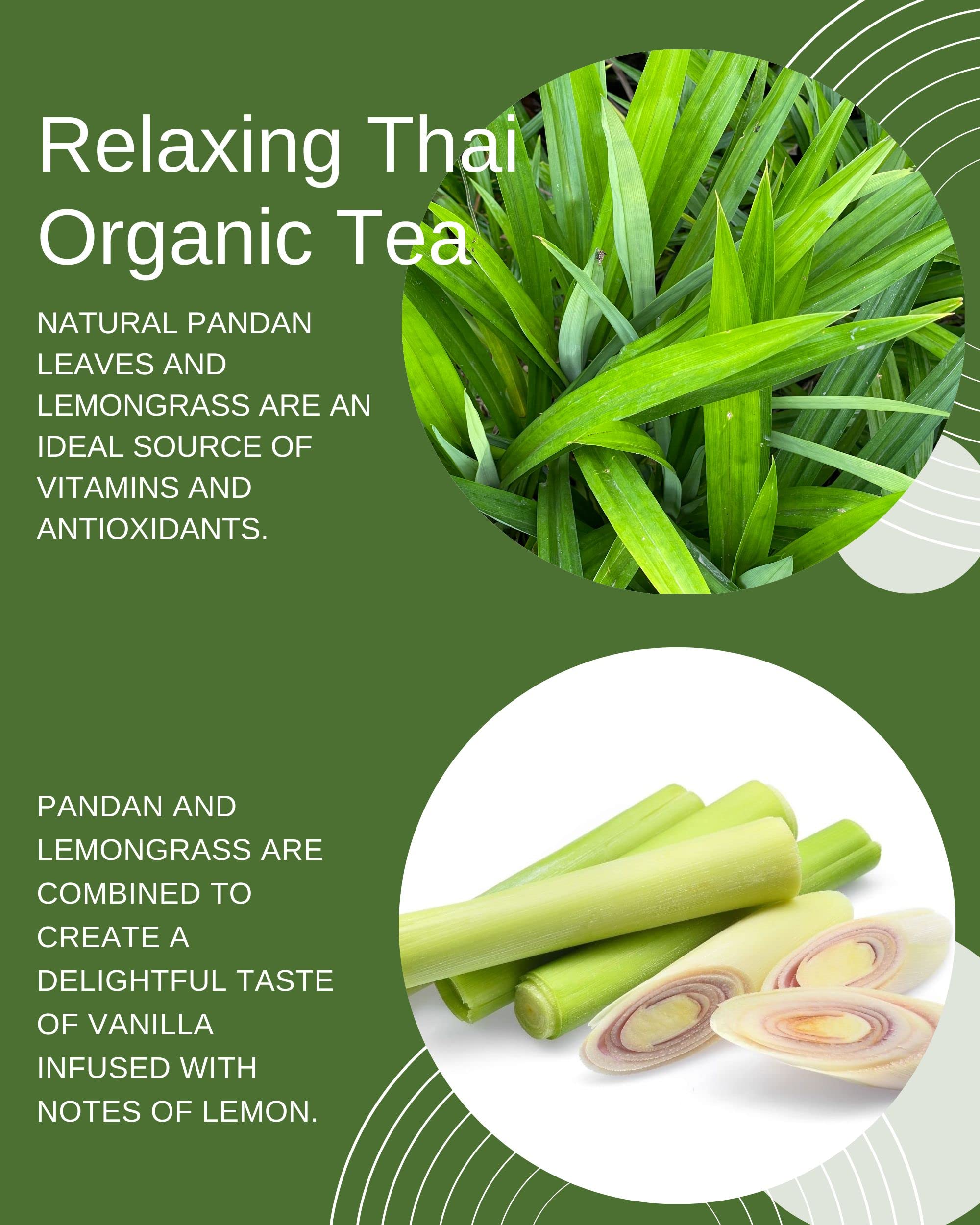 Lemongrass Pandan Leaf Tea Bags - Relaxing Thai Herbal Gourmet Organic Tea - Caffeine Free - 40 Tea Bags