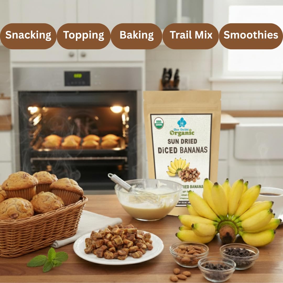 Organic Sun Dried Bananas Diced Fruit Pieces - Healthy Thai Natural Fruit Snacks - Soft and Chewy - No Sugar Added - No Preservatives - Unsulfured