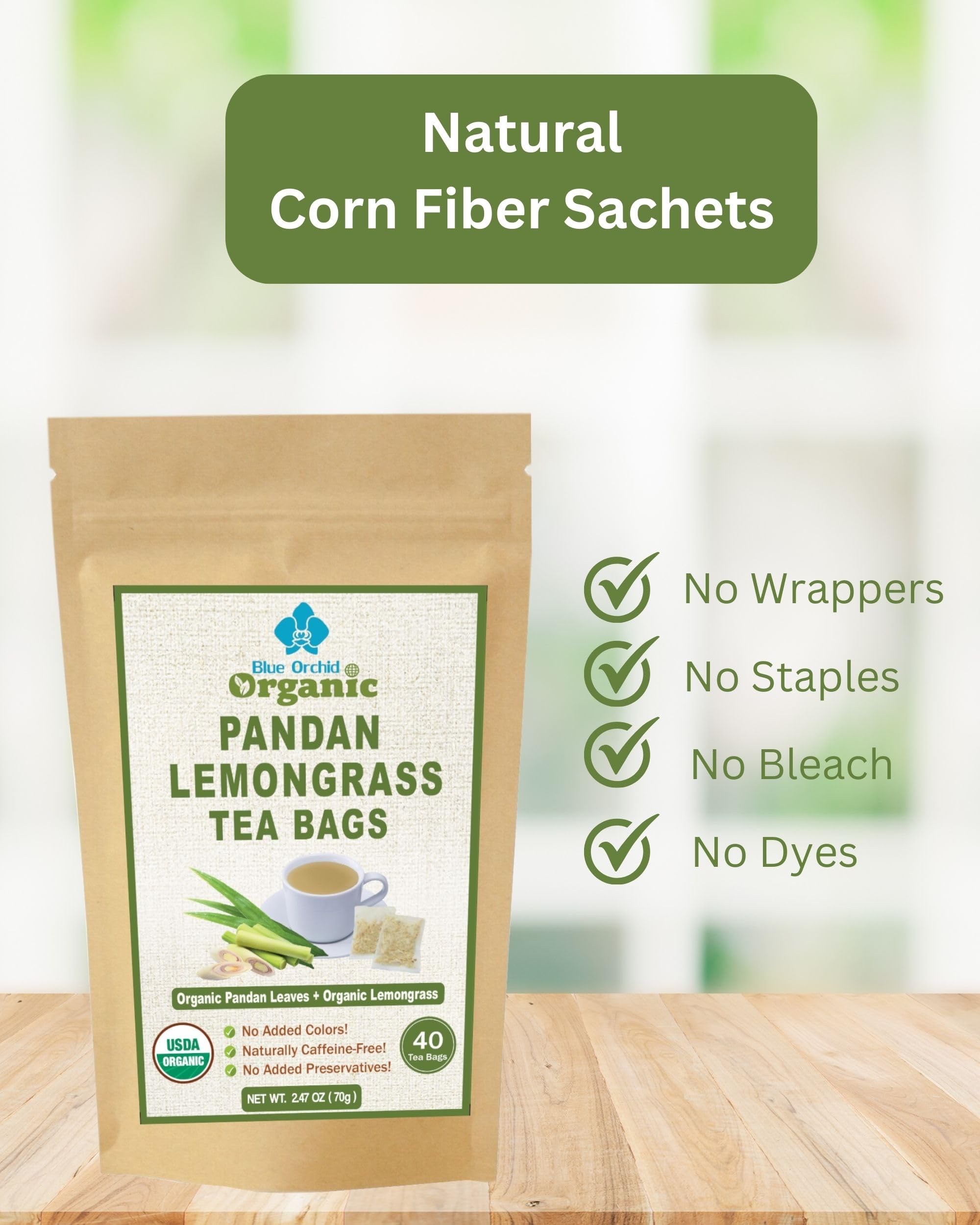 Lemongrass Pandan Leaf Tea Bags - Relaxing Thai Herbal Gourmet Organic Tea - Caffeine Free - 40 Tea Bags