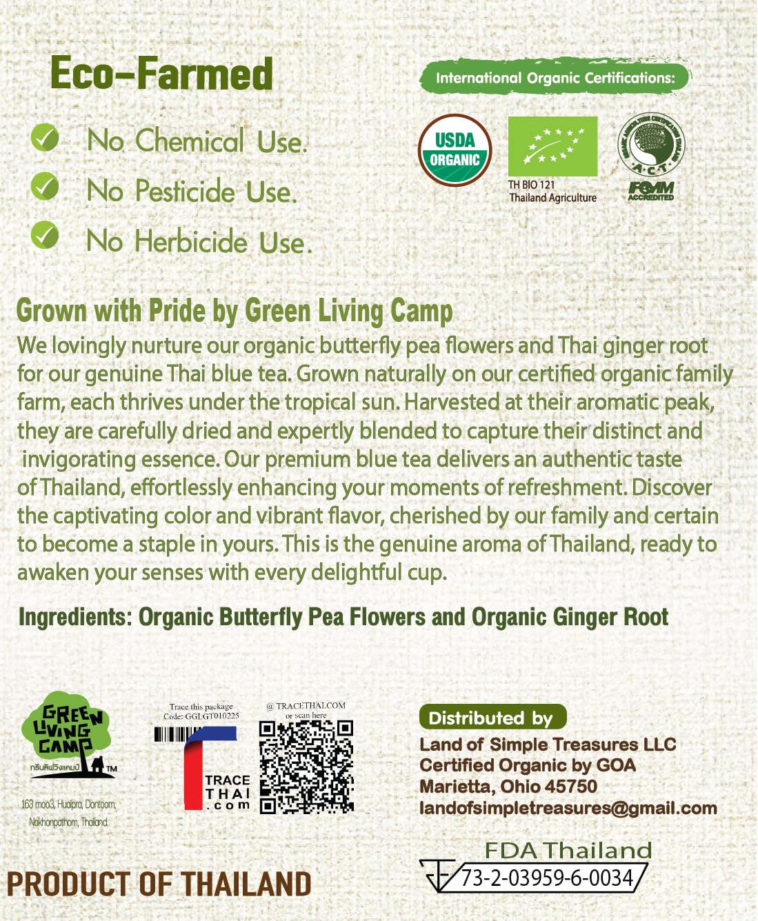 Organic Butterfly Pea Flower and Spicy Ginger Root 20 Tea Bags - Natural Blue Superfood Herbal Tea - Caffeine Free - Natural Corn Fiber Sachets