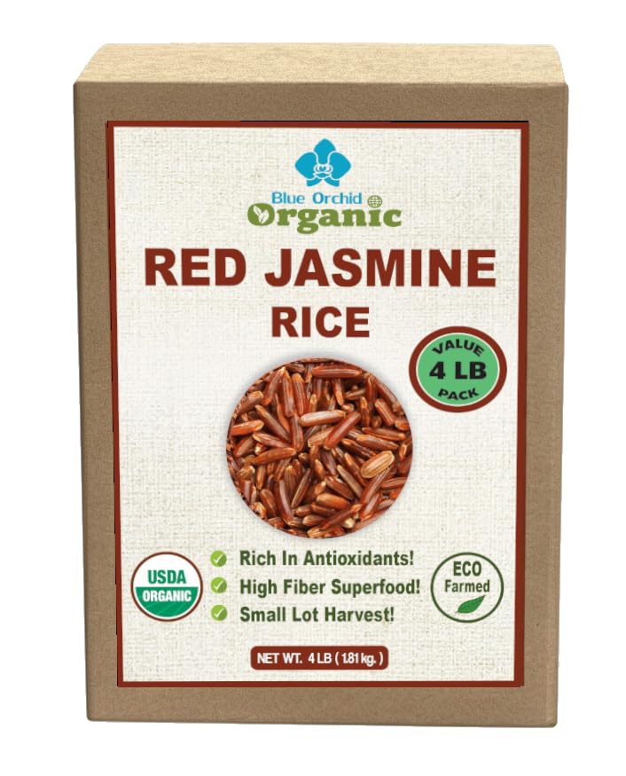 Organic Red Jasmine Thai Rice - High Fiber Superfood - Gluten Free, Preservative Free, Small Lot Farmed from Thailand - 4 LB