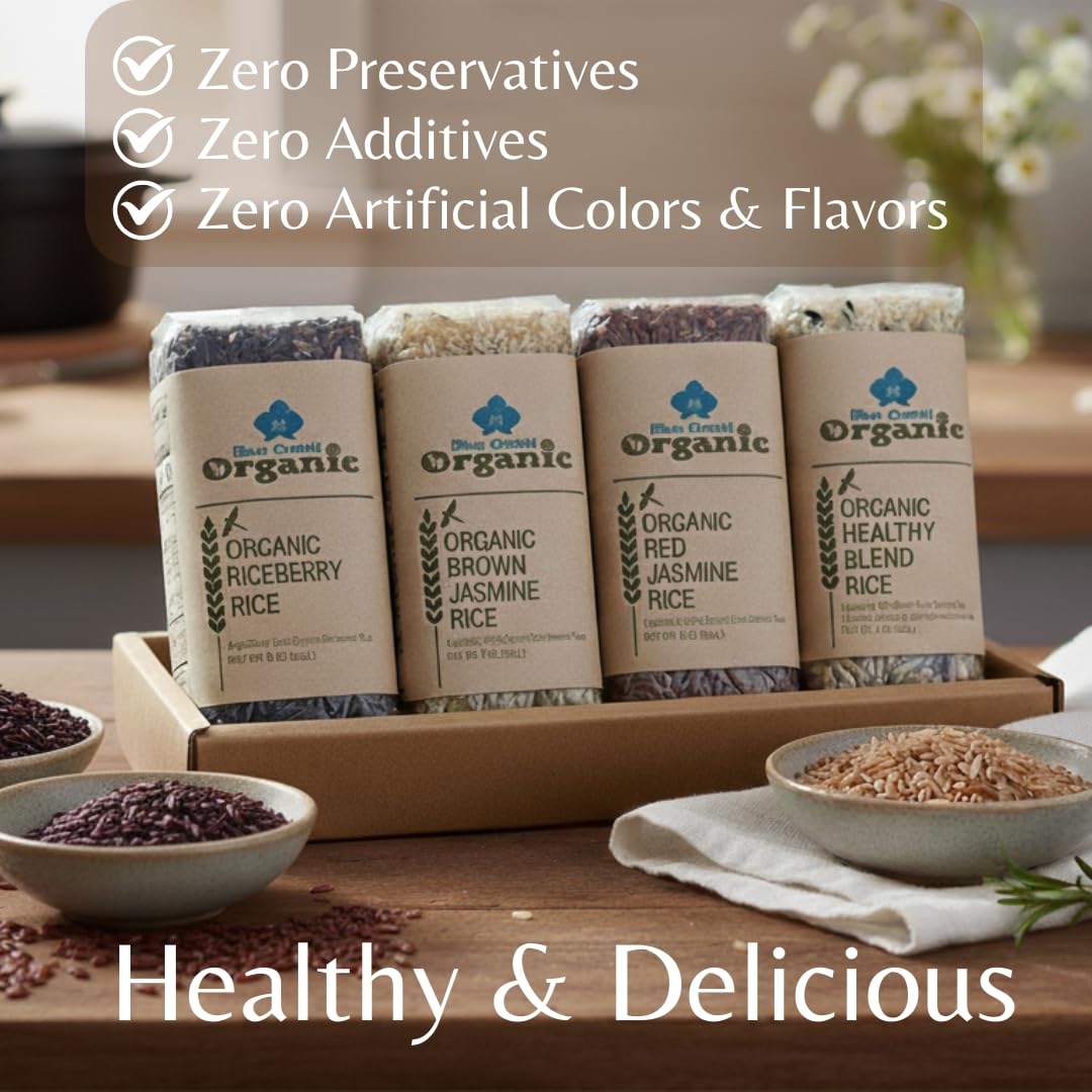 Certified Organic Thai Jasmine Rice Gift Set - Medley Rice 4 Kinds - Brown, Red, Purple Riceberry, Mixed Rice - 2 LB Eco Gift Set