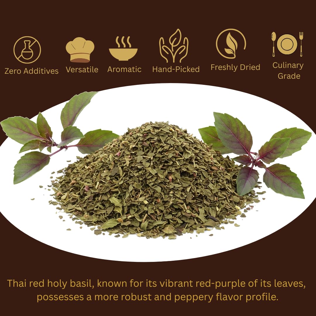 Organic Dried Thai Holy Basil Leaves 1 OZ - Hot & Aromatic - Essential Asian Cooking Herb & Spice - Perfect for Flavorful Soups, Stir-fries