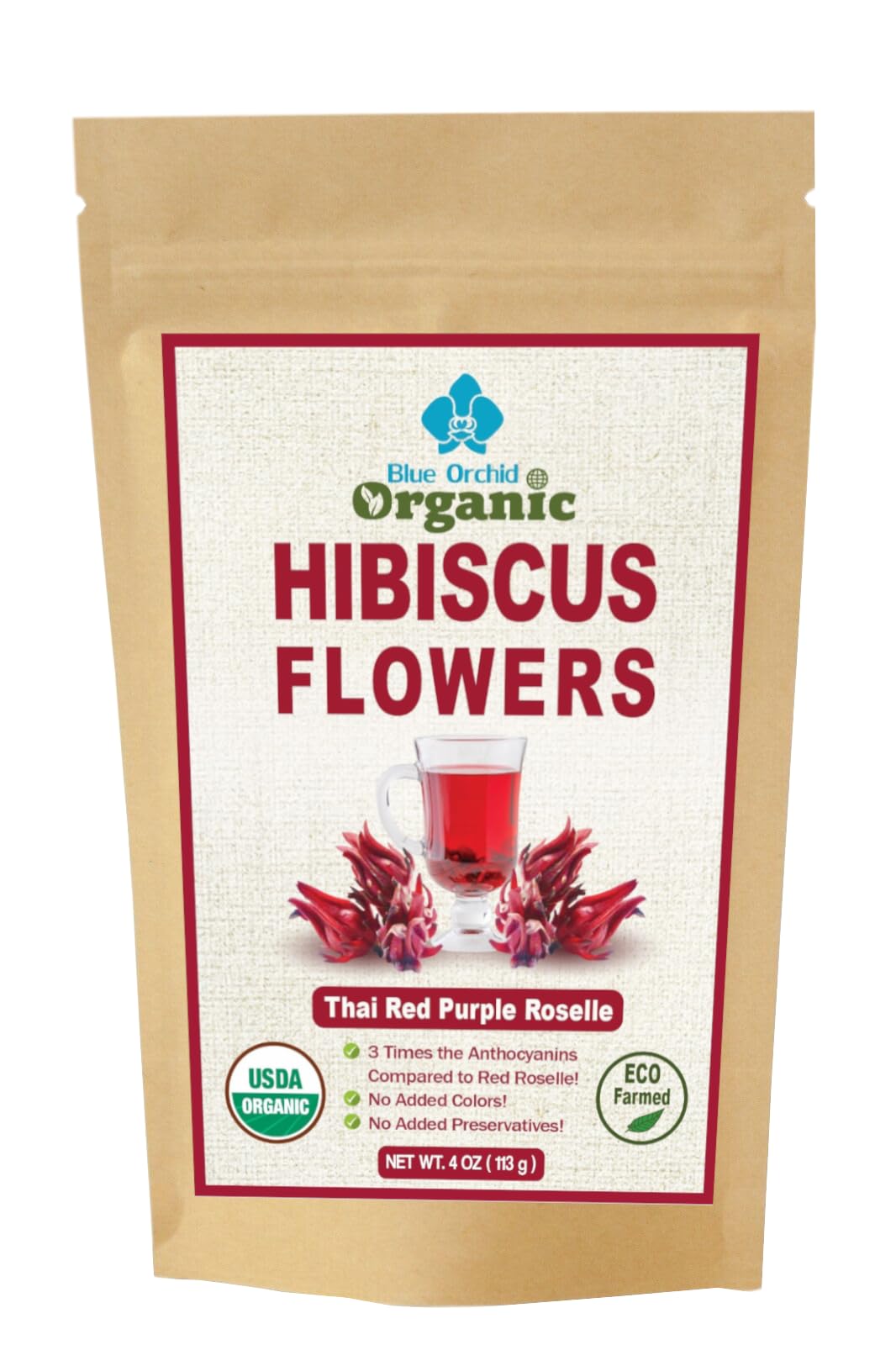 USDA Certified Organic Hibiscus Whole Flowers - Sun Dried Edible Petals for Herbal Tea Drinks - Natural Purple Thai Roselle Herb