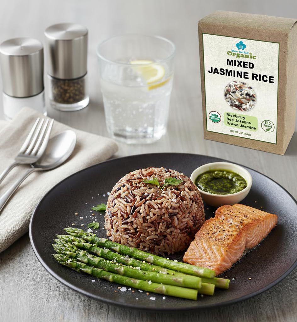 Organic Mixed Rice - 3 Kinds of Thai Rice Medley: Brown Jasmine, Black Jasmine Riceberry, and Red Jasmine - High Fiber Gluten Free Superfood 2 LB