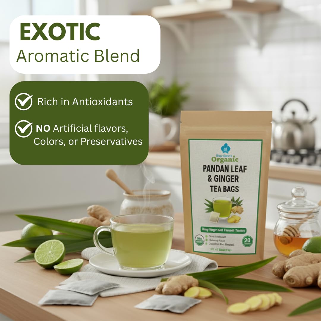 Organic Pandan Leaf and Ginger Root Tea Bags - Zesty Superfood Herbal Drink - 20 Natural Corn Fiber Sachets