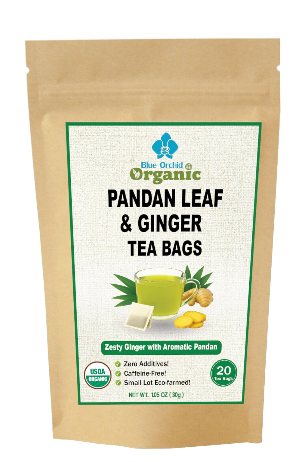 Organic Pandan Leaf and Ginger Root Tea Bags - Zesty Superfood Herbal Drink - 20 Natural Corn Fiber Sachets