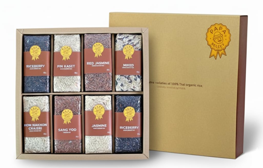 Organic Thai Jasmine Rice Gift Set | 8 Variety Packs | Brown Jasmine | Red Jasmine | Black Jasmine Riceberry |Mixed Jasmine Rice | Papa's Select by Blue Orchid Organic | 4 LB