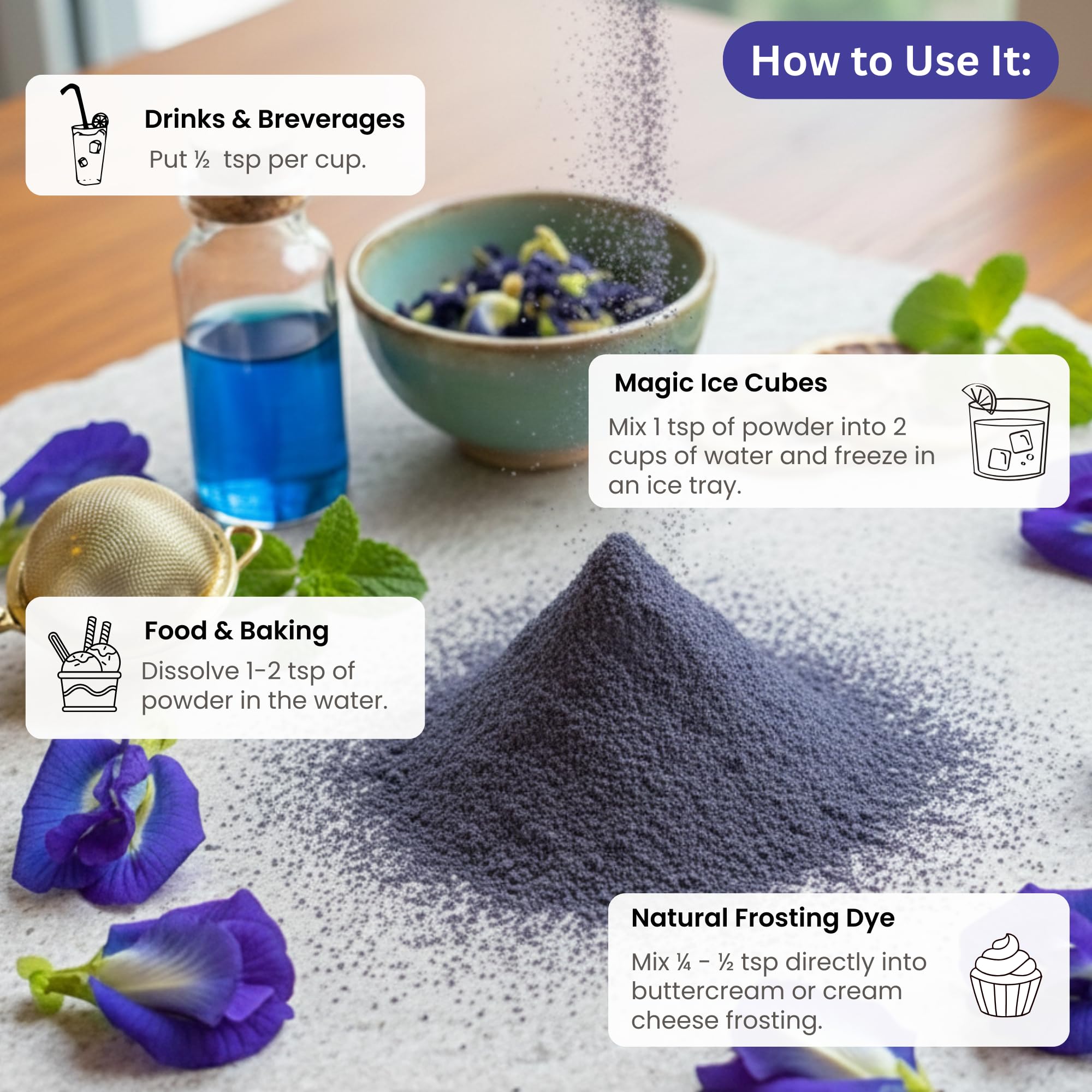 Butterfly Pea Flower Powder - Organic Blue Matcha Tea and Latte - Natural Food Coloring - 4 OZ
