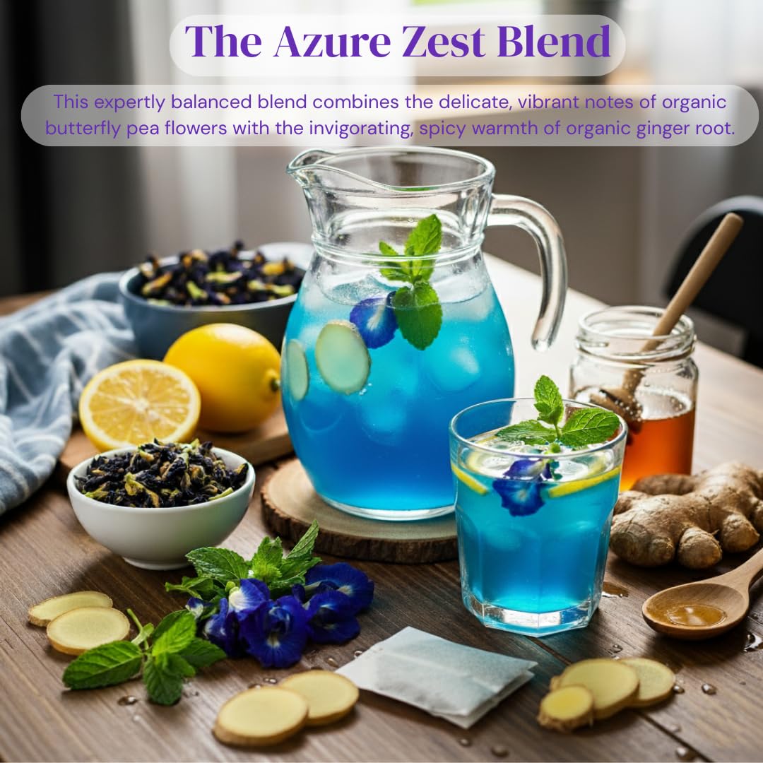 Organic Butterfly Pea Flower and Spicy Ginger Root 20 Tea Bags - Natural Blue Superfood Herbal Tea - Caffeine Free - Natural Corn Fiber Sachets