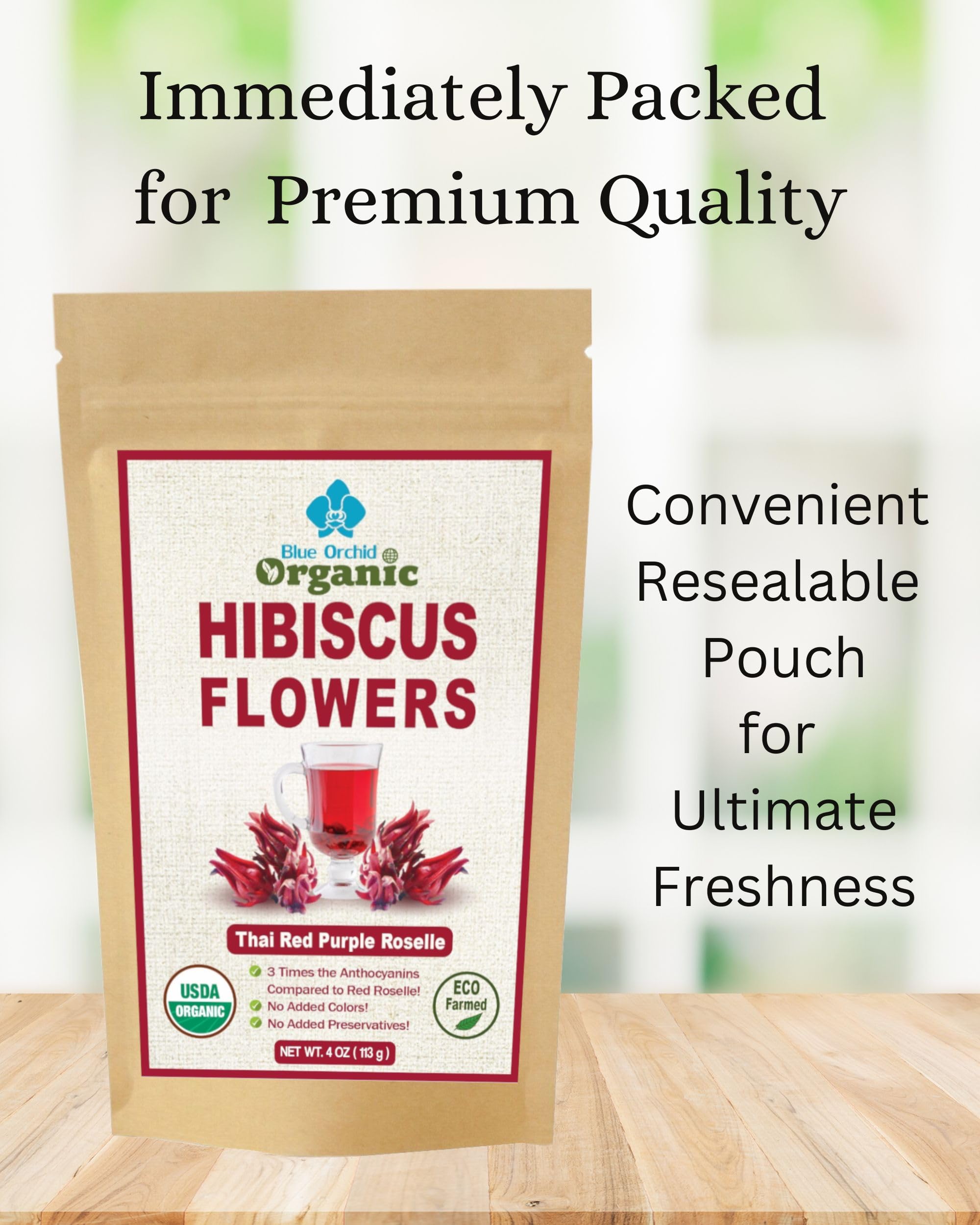 USDA Certified Organic Hibiscus Whole Flowers - Sun Dried Edible Petals for Herbal Tea Drinks - Natural Purple Thai Roselle Herb