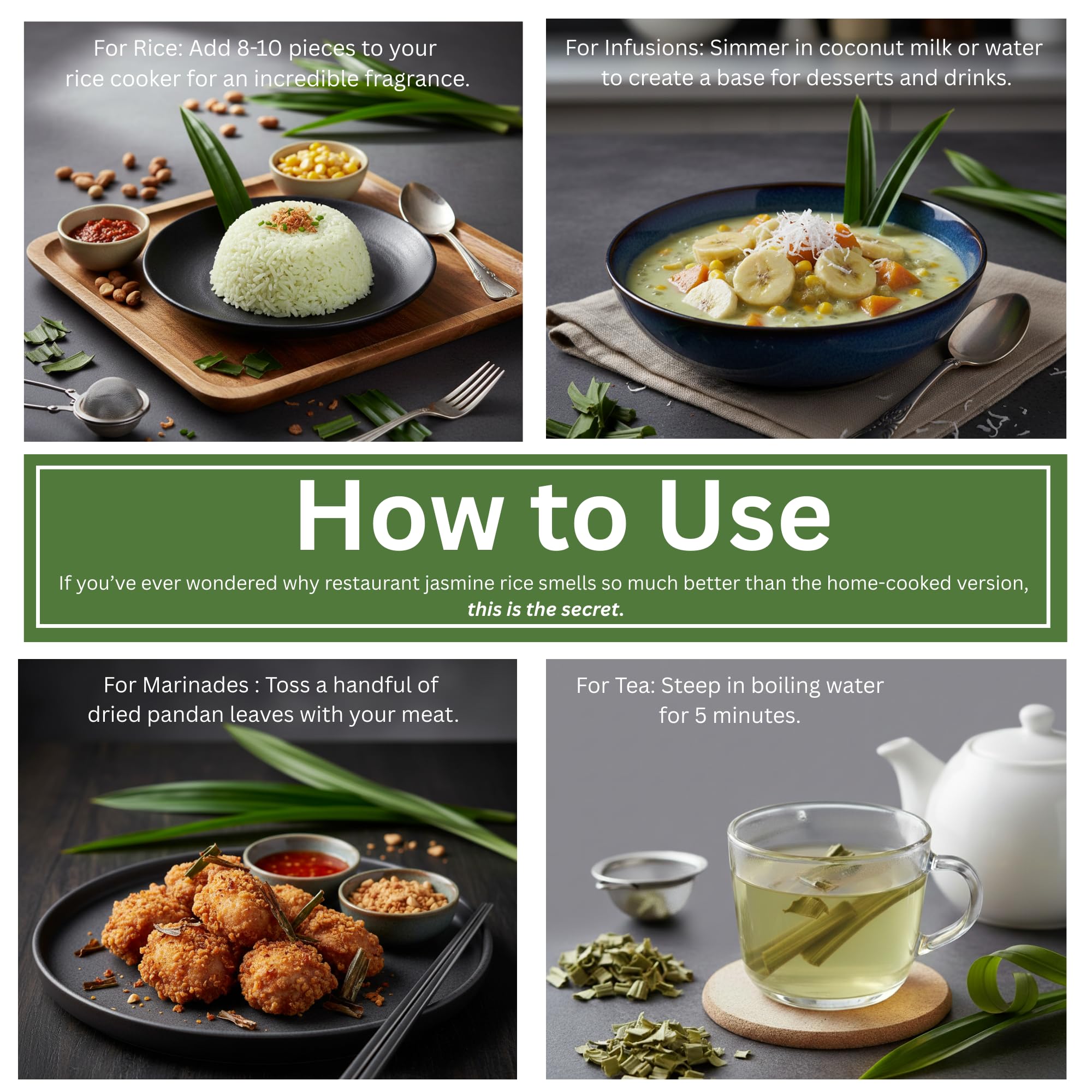 Organic Pandan Leaves - Dried Pandanus Loose Leaf - Gourmet Herbal Tea - Thai Spice for Desserts Stews and Curries - Cut and Sifted - 1 OZ