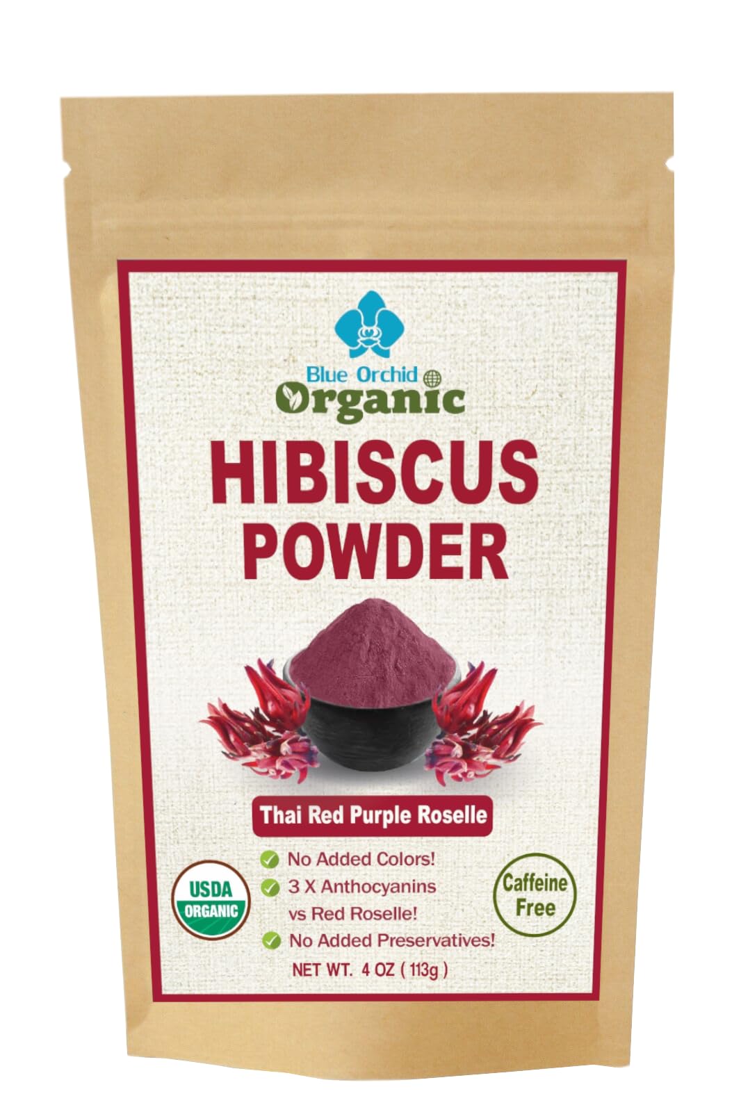 USDA Certified Organic Hibiscus Flower Powder - Sun Dried Thai Red Purple Roselle Herb - Matcha Powder for Tea Drinks Health Beauty