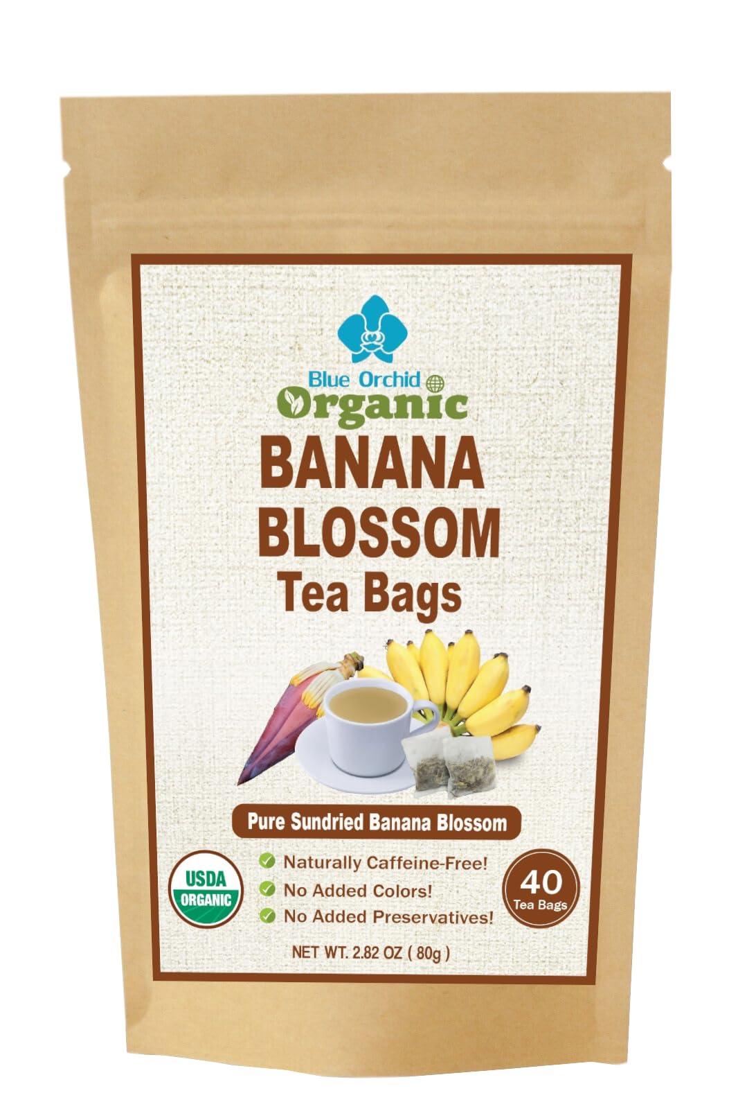 Banana Blossom Tea 40 Teabags - Organic Sun Dried Flowers in Natural Corn Fiber Sachets- Caffeine Free Herbal Drink