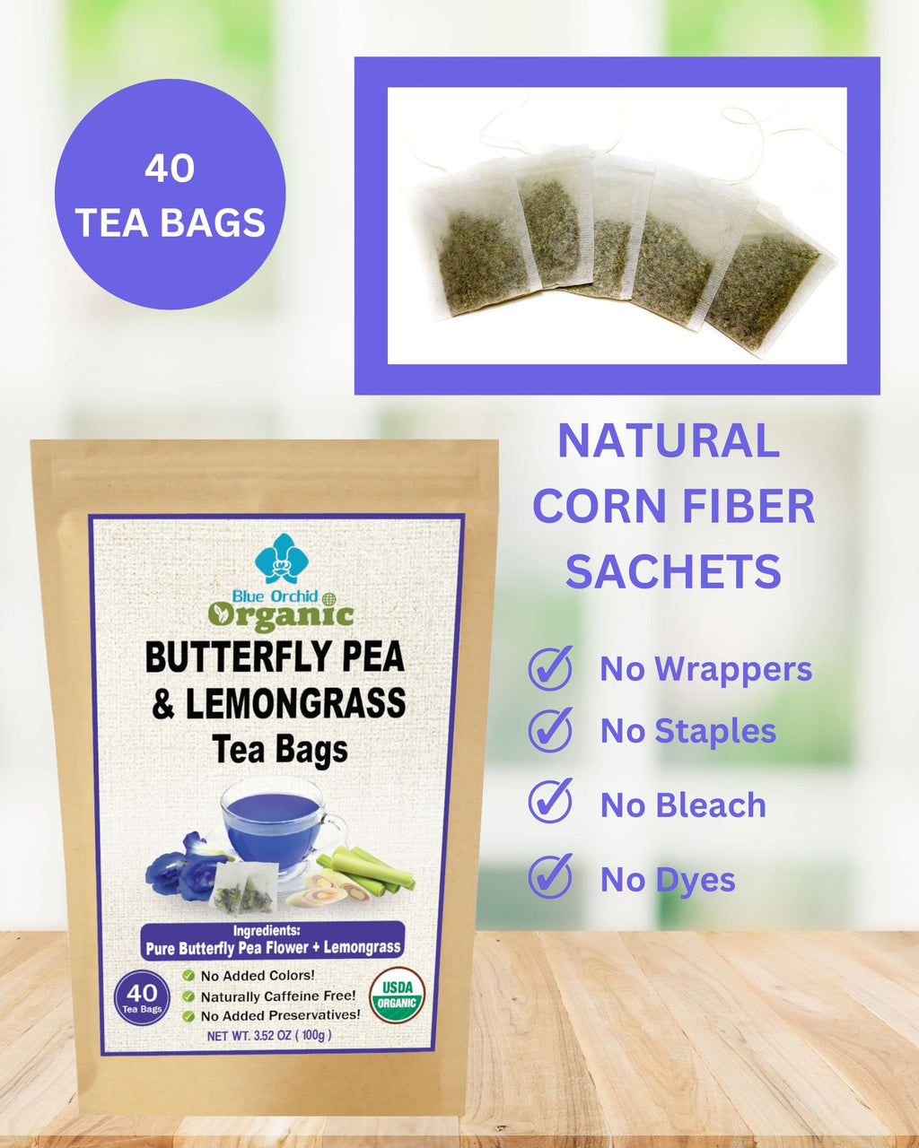 Organic Butterfly Pea Flower and Lemongrass Tea Bags - Citrusy Blue Superfood Herbal Drink - Caffeine Free - 40 Natural Corn Fiber Sachets