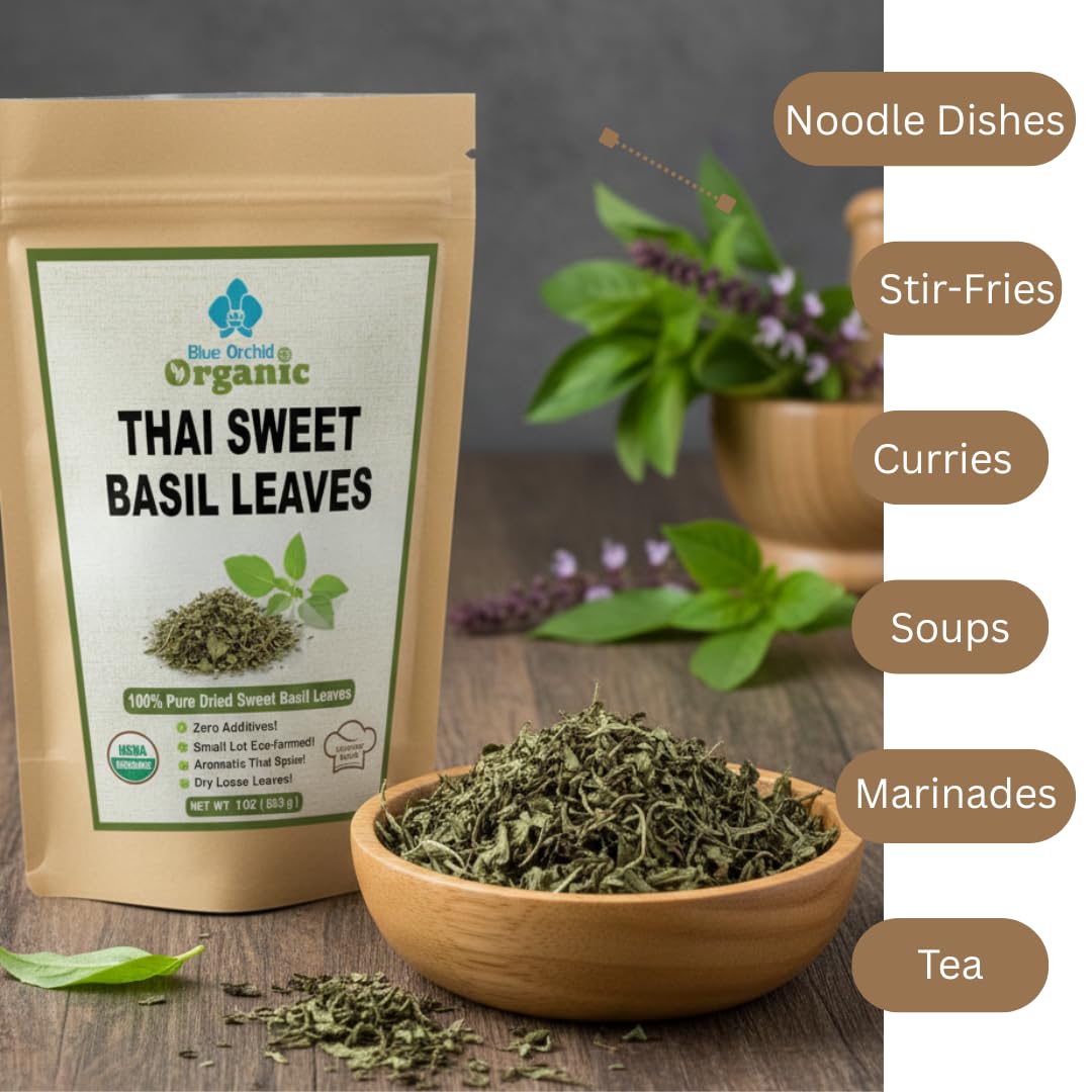 Organic Sun Dried Crushed Sweet Basil Leaves 1 OZ - Thai Spice for Aromatic Seasoning in Soups, Sauces, Pasta, Asian and Italian Pesto Recipes