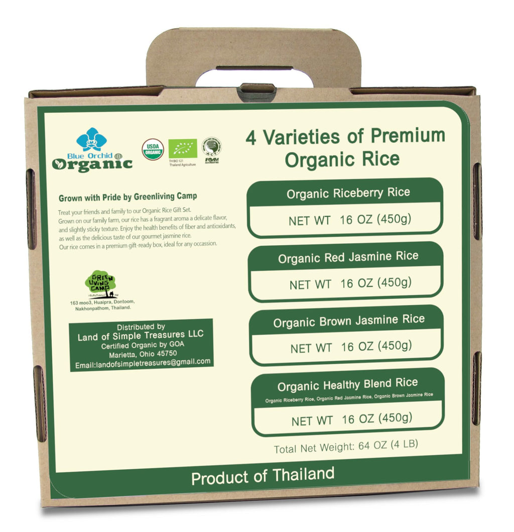 Organic Thai Jasmine Rice Gift Set - 4 Kinds of Rice - Brown Jasmine - Red Jasmine - Black Jasmine Riceberry - Mixed Jasmine Rice - 4 LB Let's Go