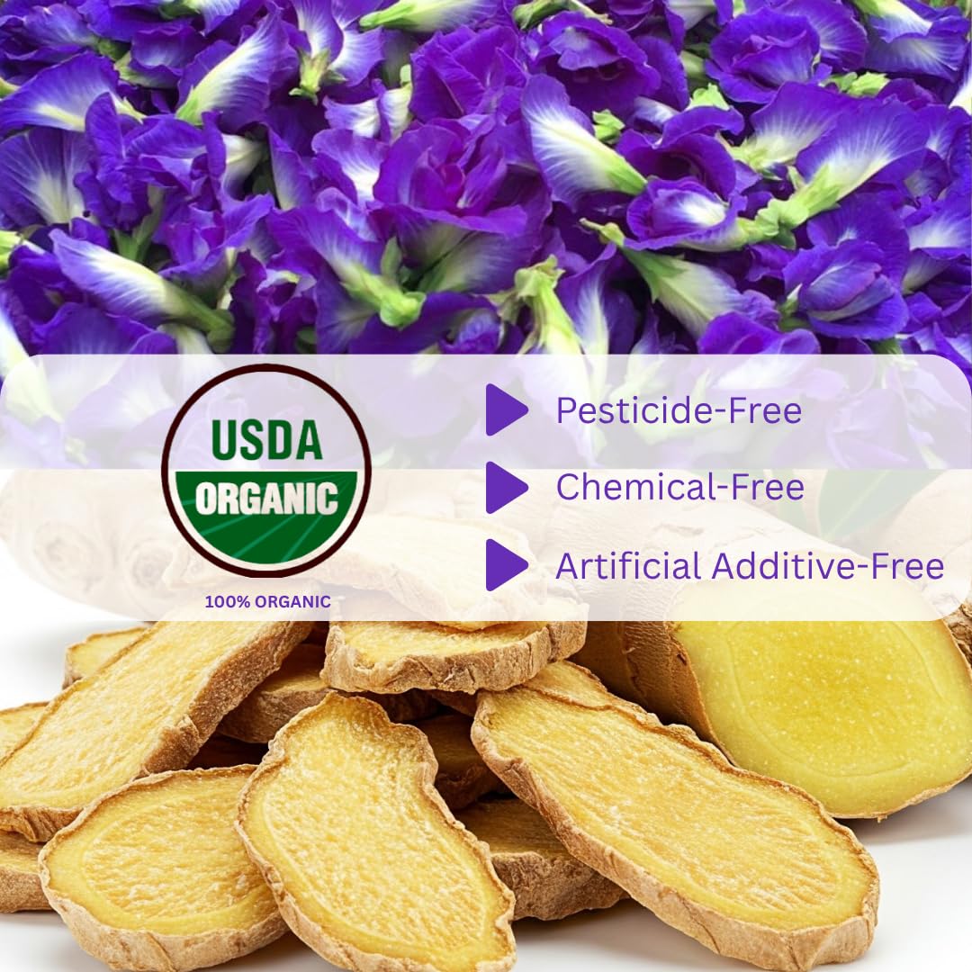 Organic Butterfly Pea Flower and Spicy Ginger Root 20 Tea Bags - Natural Blue Superfood Herbal Tea - Caffeine Free - Natural Corn Fiber Sachets