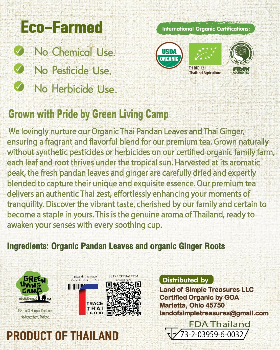 Organic Pandan Leaf and Ginger Root Tea Bags - Zesty Superfood Herbal Drink - 20 Natural Corn Fiber Sachets