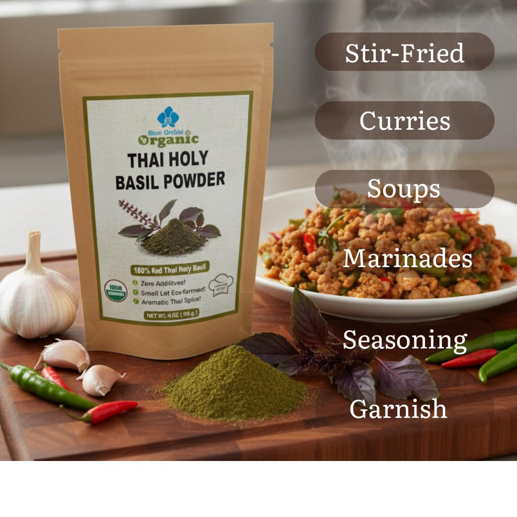 Organic Thai Holy Basil Powder 8 OZ - Premium Ground Hot Spice - Culinary Seasoning for Soups, Stir-fries, and Asian Cuisine