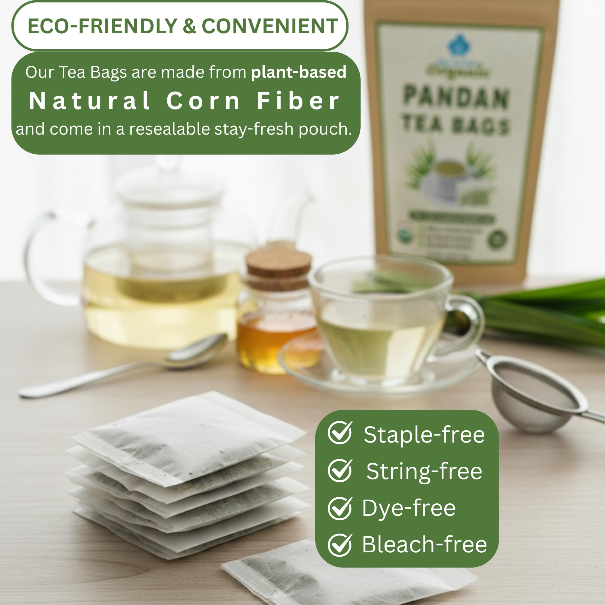 Organic Pandan Tea Bags - Dried Thai Pandanus Gourmet Herbal Tea - Cut and Sifted - 40 Teabags Decaffeinated