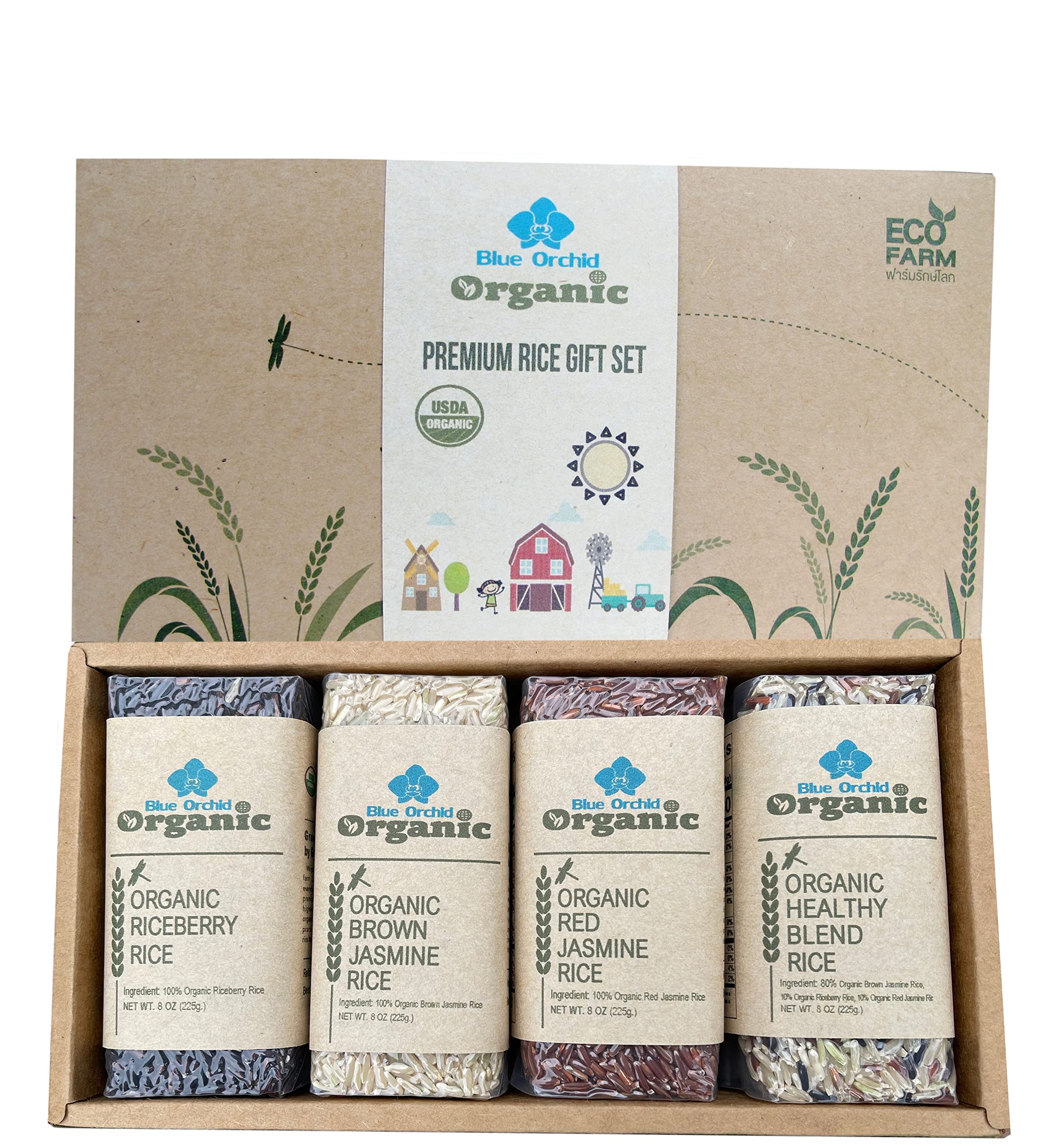 Certified Organic Thai Jasmine Rice Gift Set - Medley Rice 4 Kinds - Brown, Red, Purple Riceberry, Mixed Rice - 2 LB Eco Gift Set