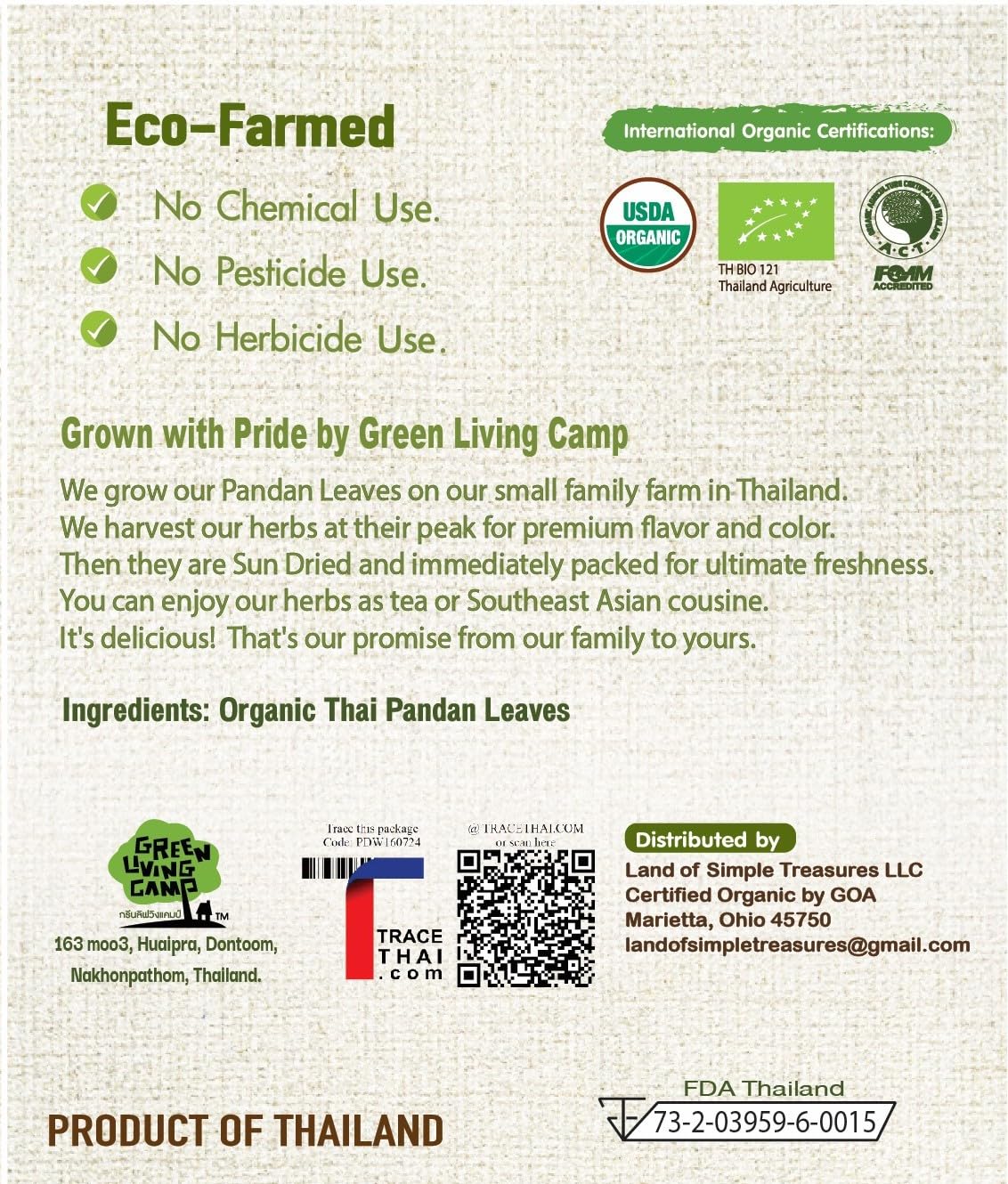 Organic Pandan Powder 16 OZ - Natural Green Food Coloring - Thai Herbal Aromatic Spice for Desserts Stews Curries Tea and Green Pandan Latte - Cut and Sifted