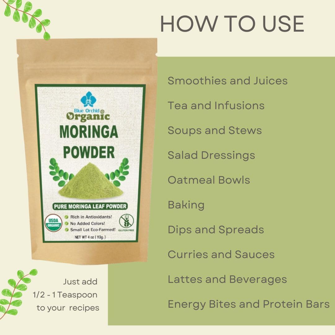 Organic Moringa Powder - Raw Sun Dried Oleifera Leaf Powder - for Healthy Herbal Tea, Smoothies, Sauces, and Dips