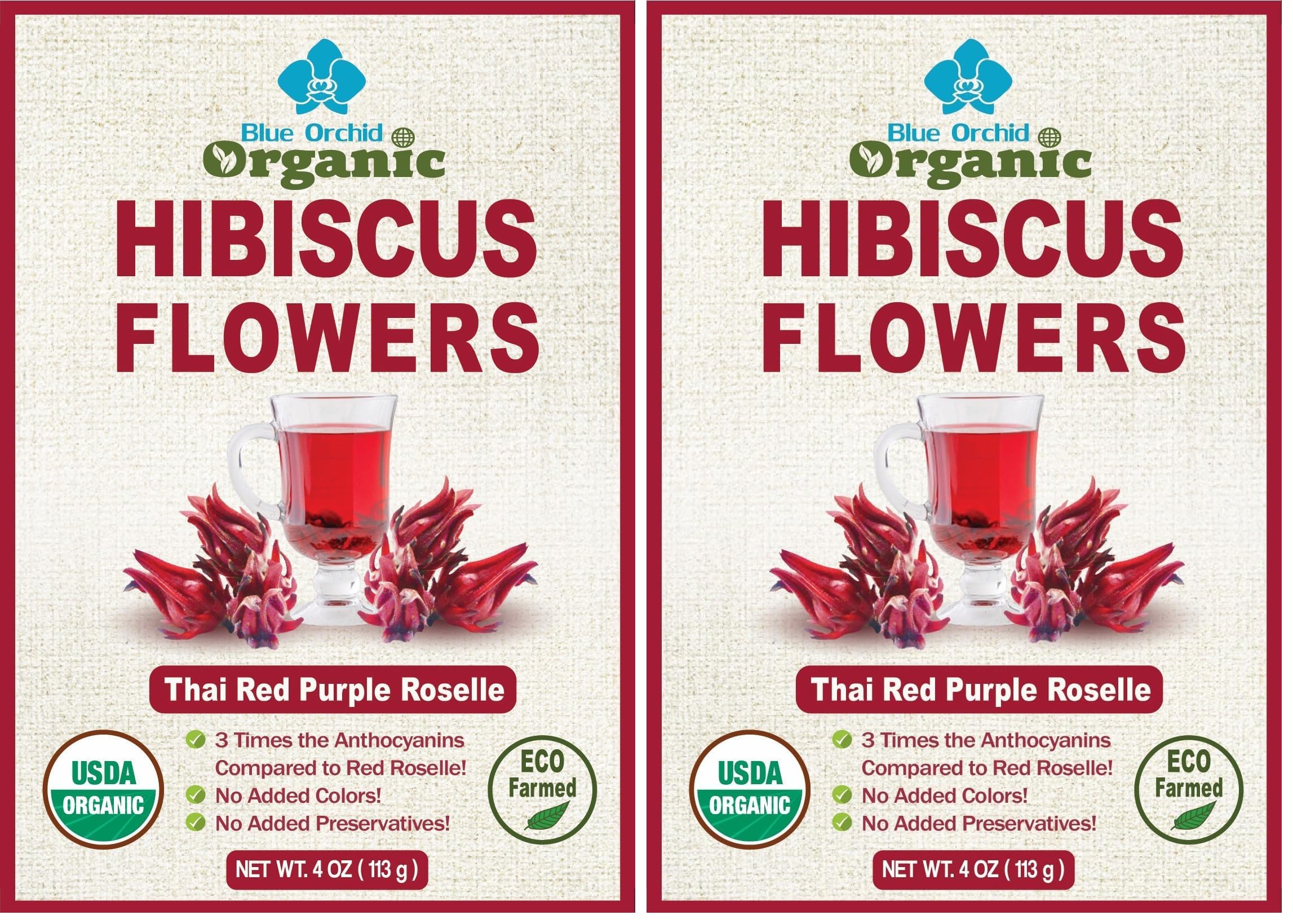 USDA Certified Organic Hibiscus Whole Flowers - Sun Dried Edible Petals for Herbal Tea Drinks - Natural Purple Thai Roselle Herb