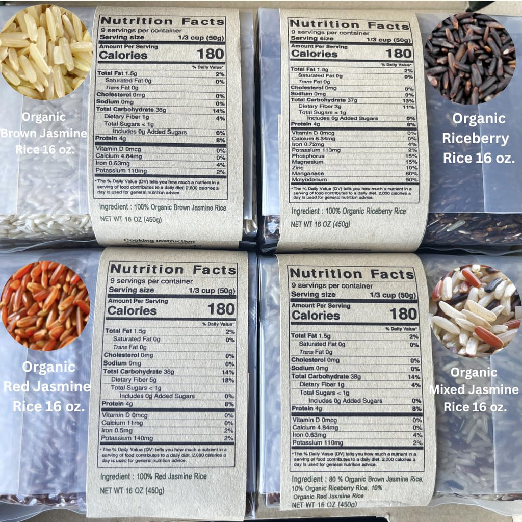 Organic Thai Jasmine Rice Gift Set - 4 Kinds of Rice - Brown Jasmine - Red Jasmine - Black Jasmine Riceberry - Mixed Jasmine Rice - 4 LB Let's Go