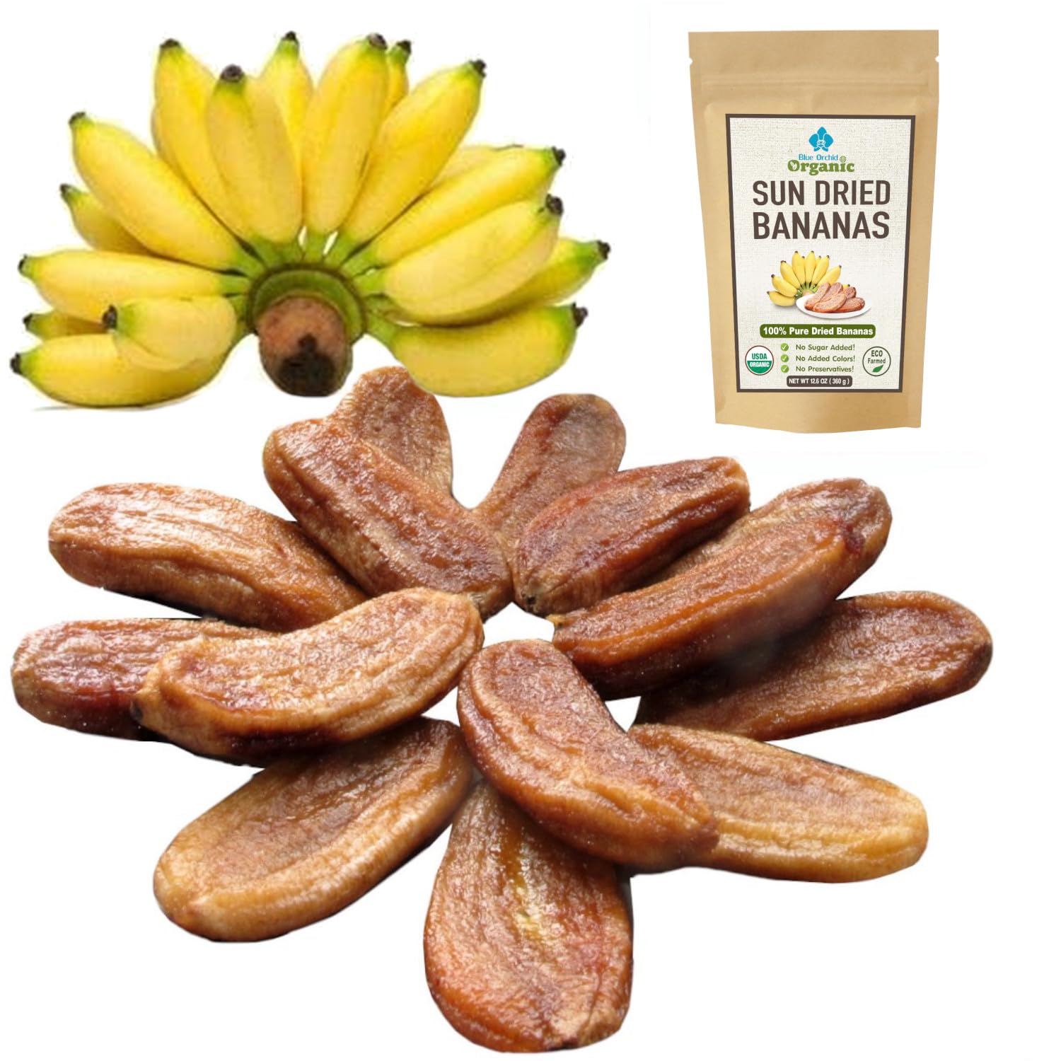 Organic Sun Dried Whole Bananas | No Sugar Added | No Preservatives | Unsulfured | Soft and Chewy Little Bananas | Thai Natural Fruit Snacks | Super Potassium Snack 12.6 OZ | Pack of 1