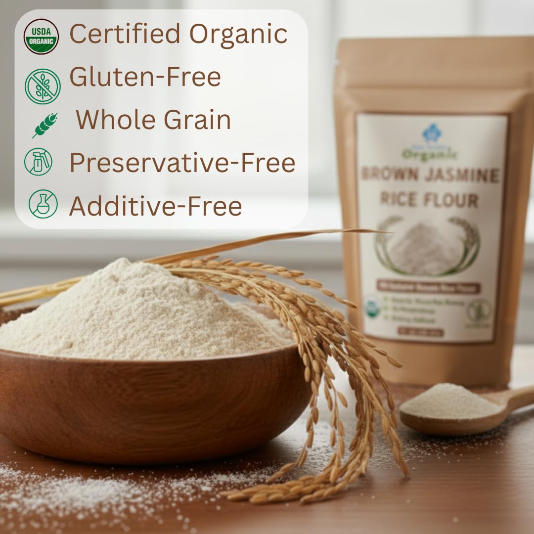 Brown Rice Flour - Organic Thai Jasmine Rice Flour - Superfine Gluten Free for Baking - 100% Whole Grain - 2 LB