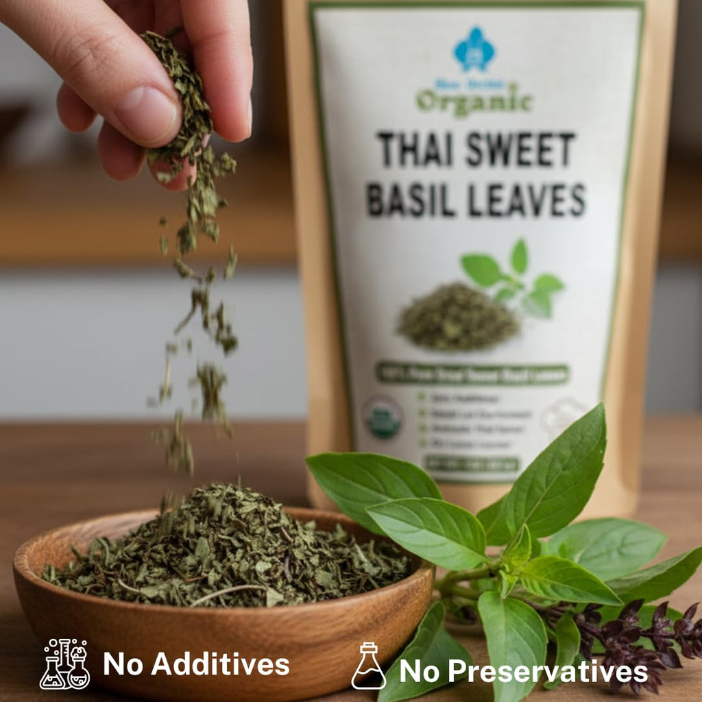 Organic Sun Dried Crushed Sweet Basil Leaves 1 OZ - Thai Spice for Aromatic Seasoning in Soups, Sauces, Pasta, Asian and Italian Pesto Recipes