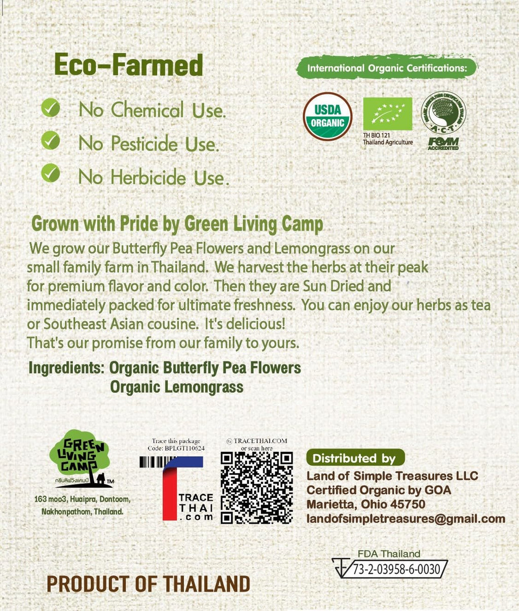 Organic Butterfly Pea Flower and Lemongrass Tea Bags - Citrusy Blue Superfood Herbal Drink - Caffeine Free - 40 Natural Corn Fiber Sachets