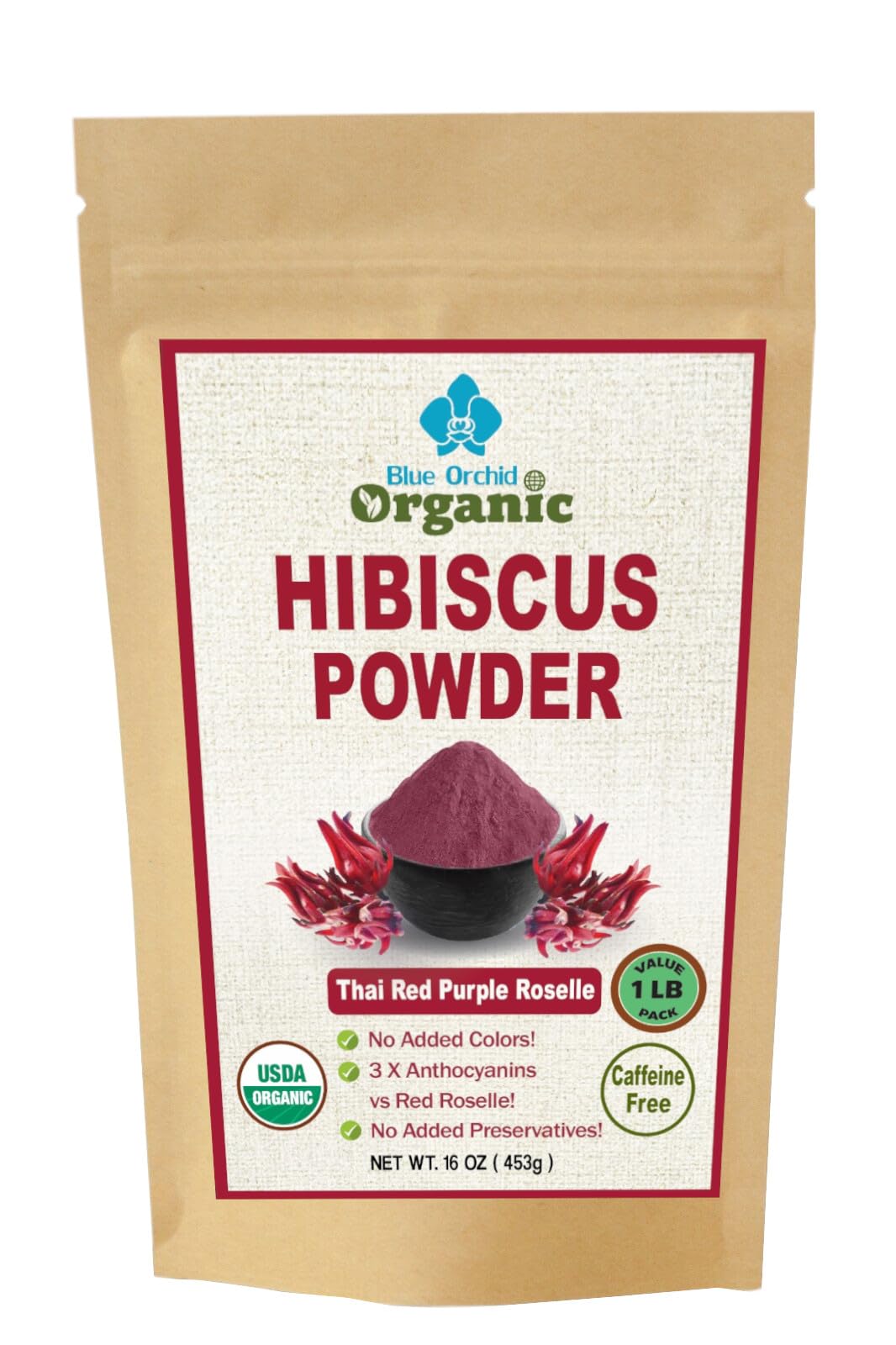 16 OZ Organic Hibiscus Flower Powder - Natural Food Coloring - Sun Dried Thai Red Purple Roselle Herb - Matcha Powder for Tea Drinks Health Beauty