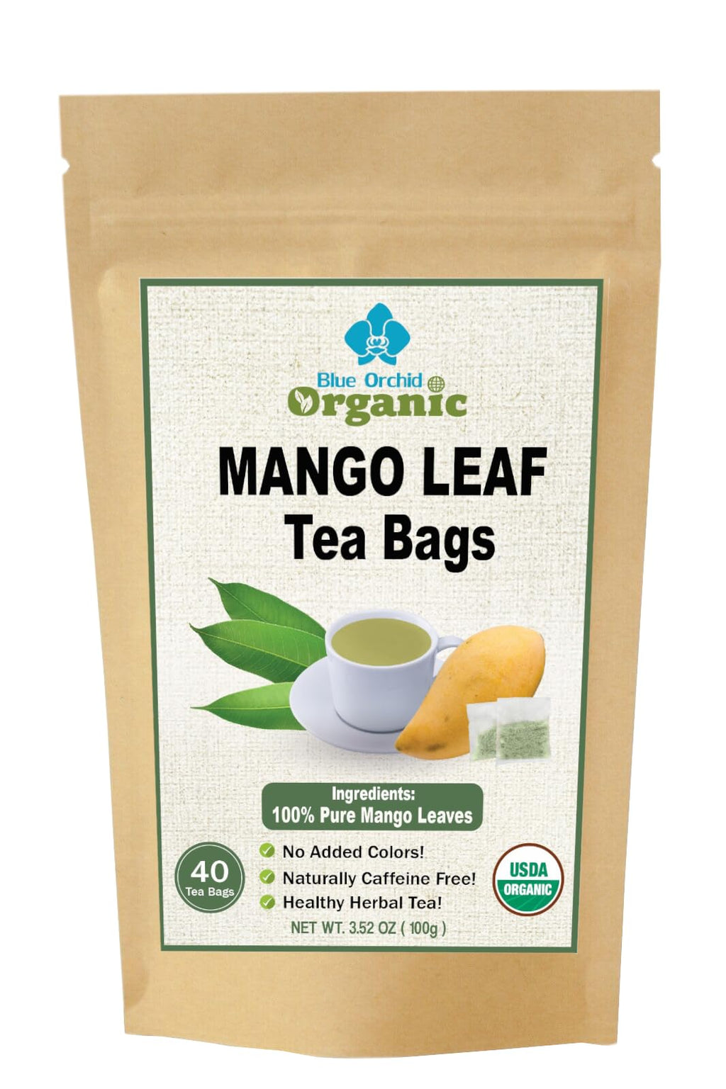 Organic Mango Leaf Tea Bags 40 Count - Sun Dried Herbal Wellness Caffeine Free Tea - Natural Corn Fiber Sachets