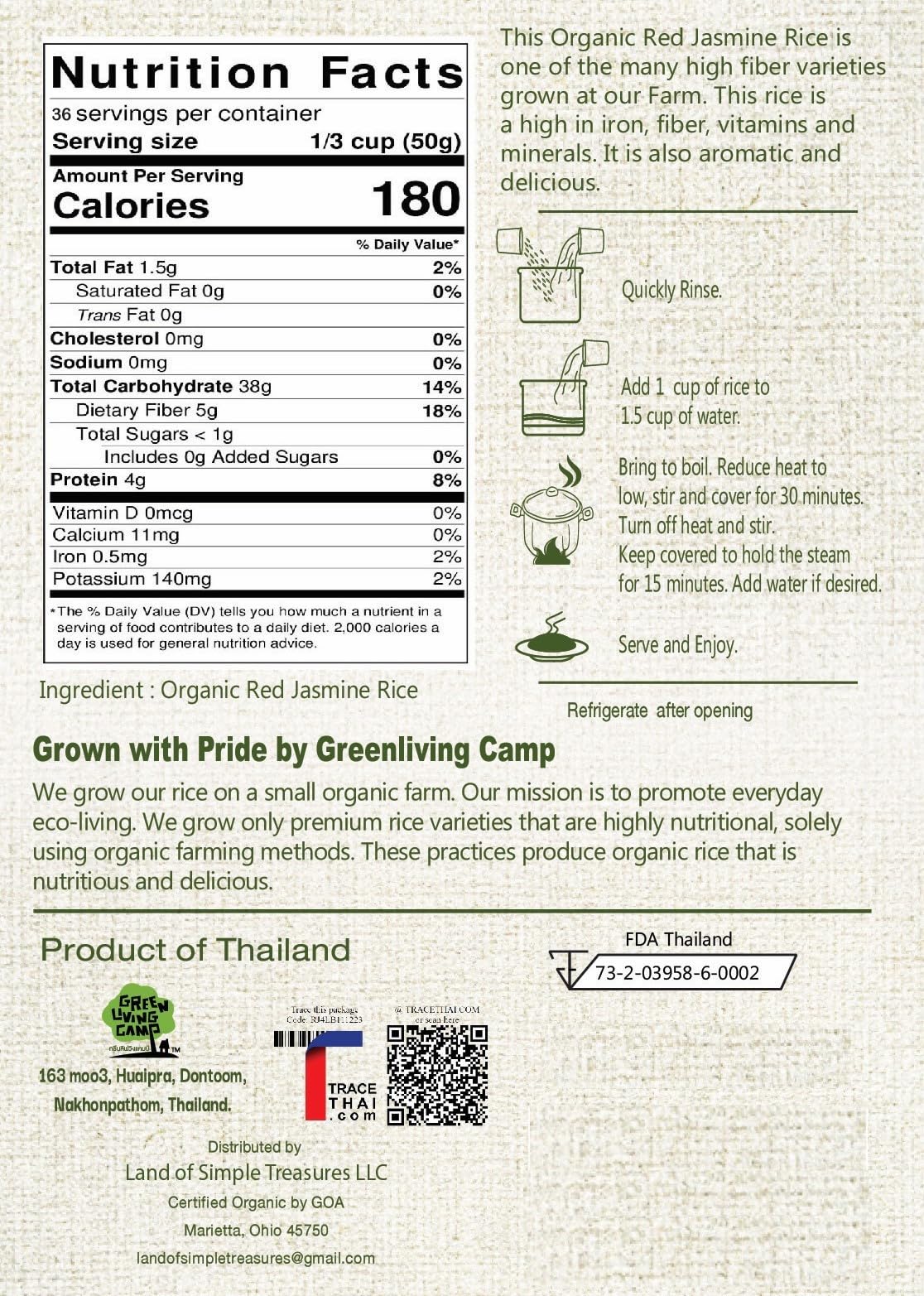 Organic Red Jasmine Thai Rice - High Fiber Superfood - Gluten Free, Preservative Free, Small Lot Farmed from Thailand - 4 LB