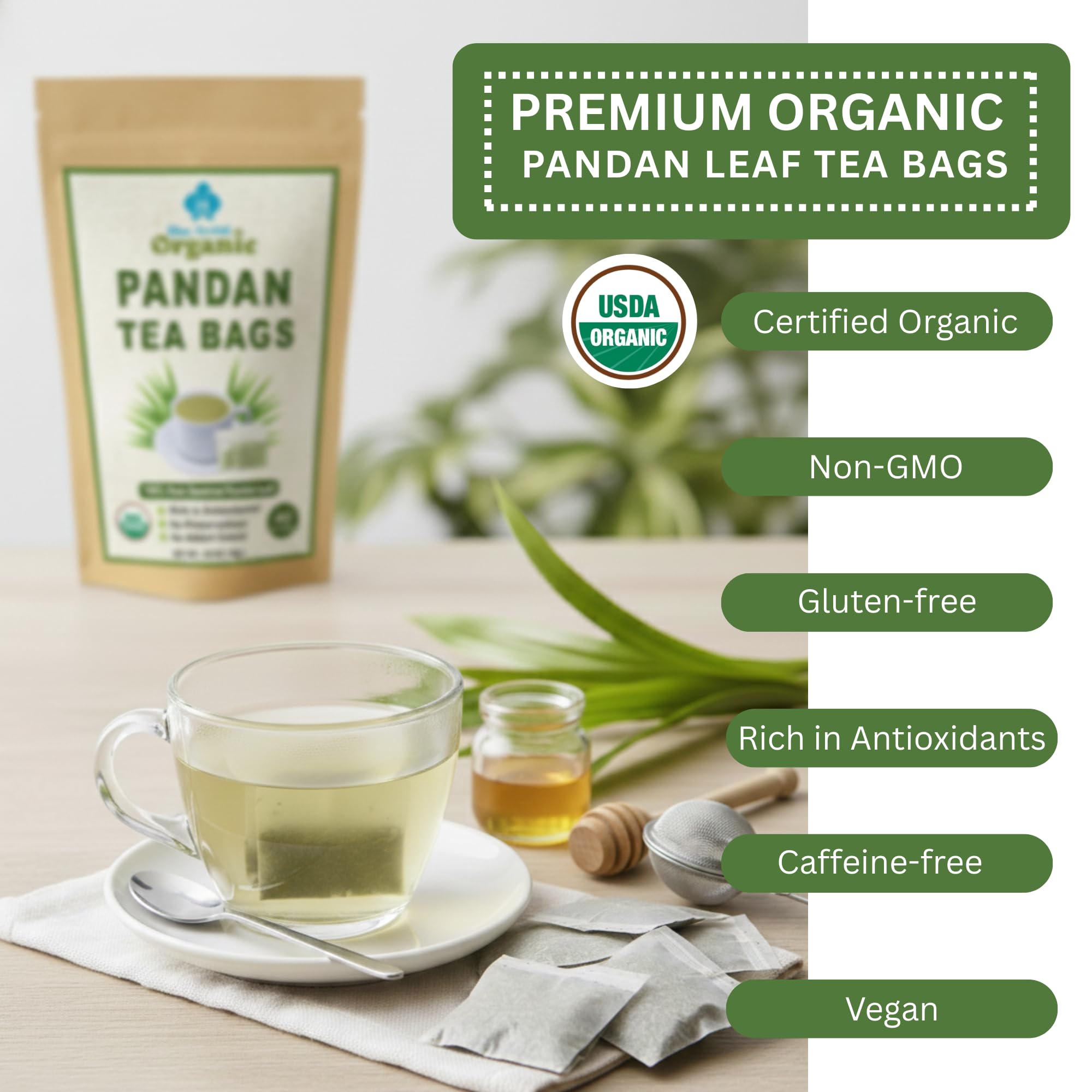 Organic Pandan Tea Bags - Dried Thai Pandanus Gourmet Herbal Tea - Cut and Sifted - 40 Teabags Decaffeinated