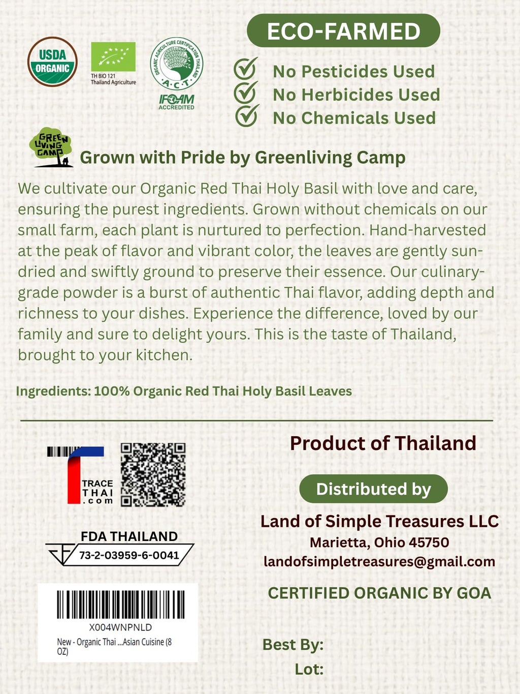 Organic Thai Holy Basil Powder 8 OZ - Premium Ground Hot Spice - Culinary Seasoning for Soups, Stir-fries, and Asian Cuisine