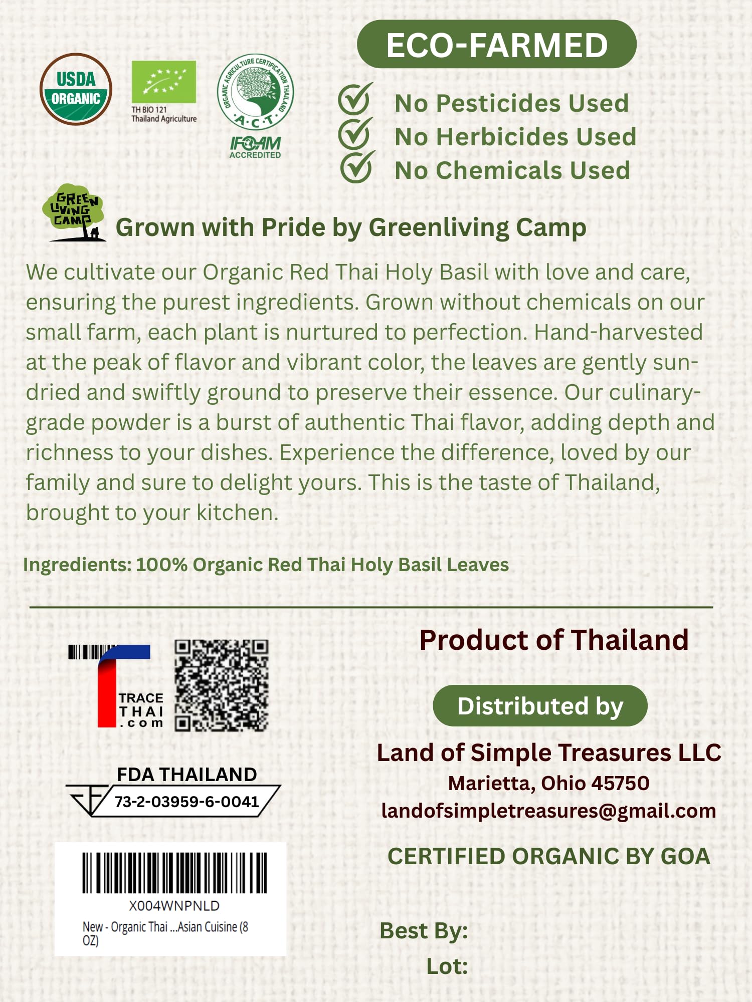 Organic Thai Holy Basil Powder 8 OZ - Premium Ground Hot Spice - Culinary Seasoning for Soups, Stir-fries, and Asian Cuisine