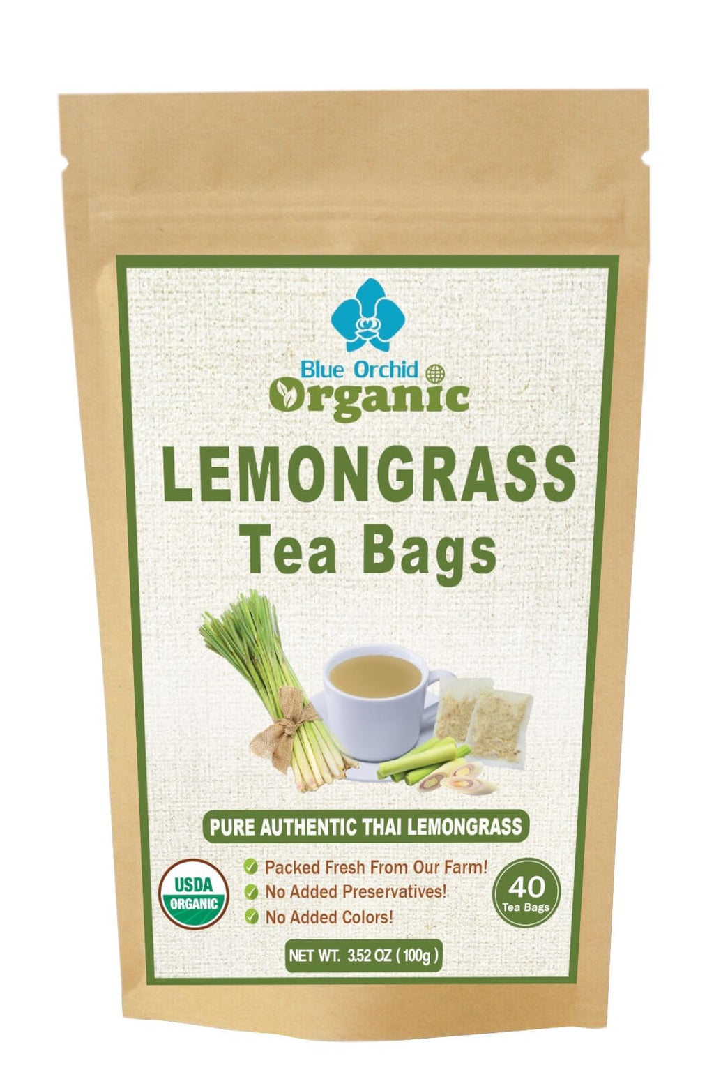 Organic Lemongrass Tea Bags - 40 Natural Corn Fiber Sachets - for Hot or Cold Drinks - Caffeine Free