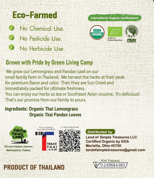 Lemongrass Pandan Leaf Tea Bags - Relaxing Thai Herbal Gourmet Organic Tea - Caffeine Free - 40 Tea Bags