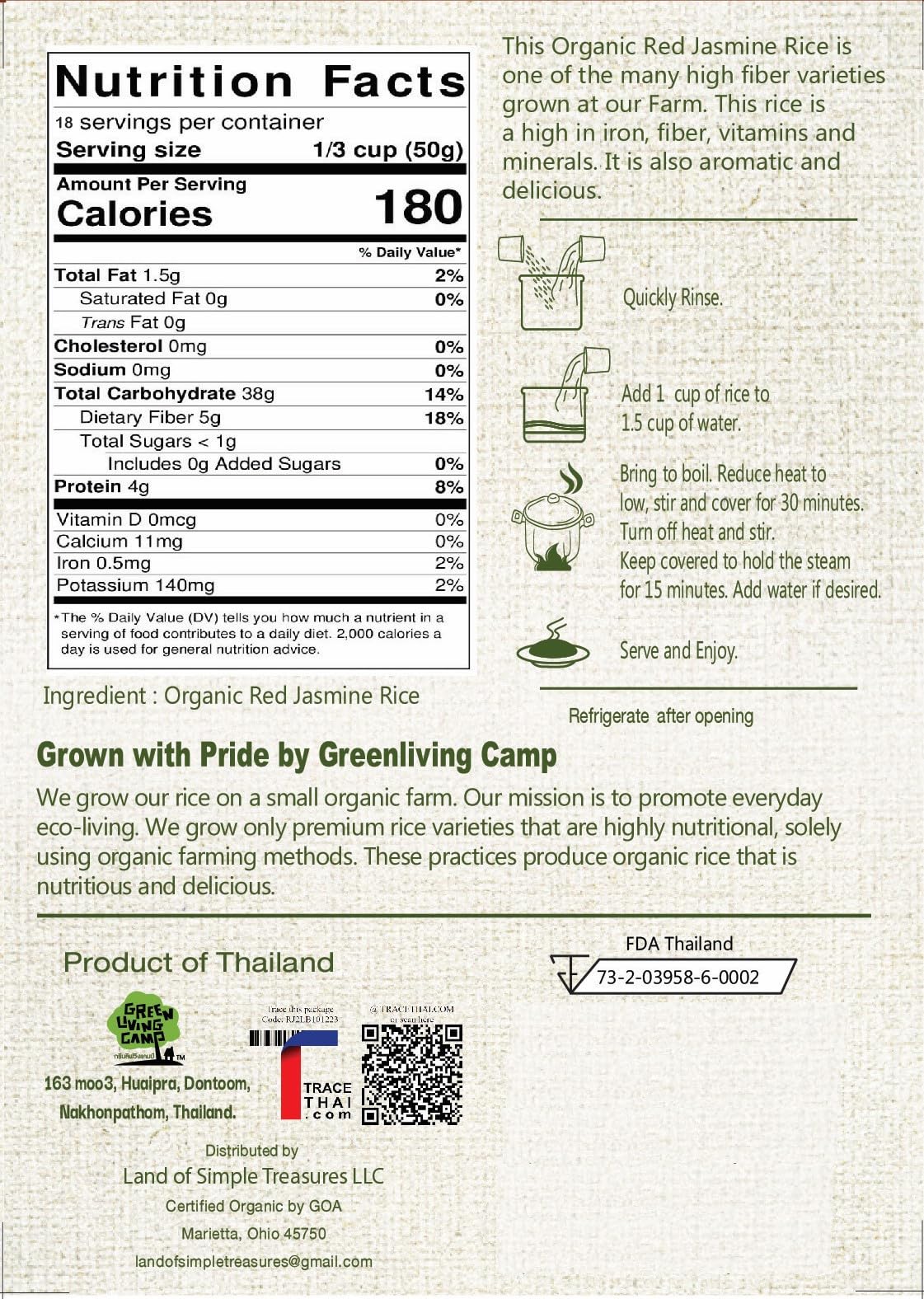 Organic Thai Red Jasmine Rice - Gluten Free - Preservative Free - Small Lot Farmed from Thailand - 2 LB