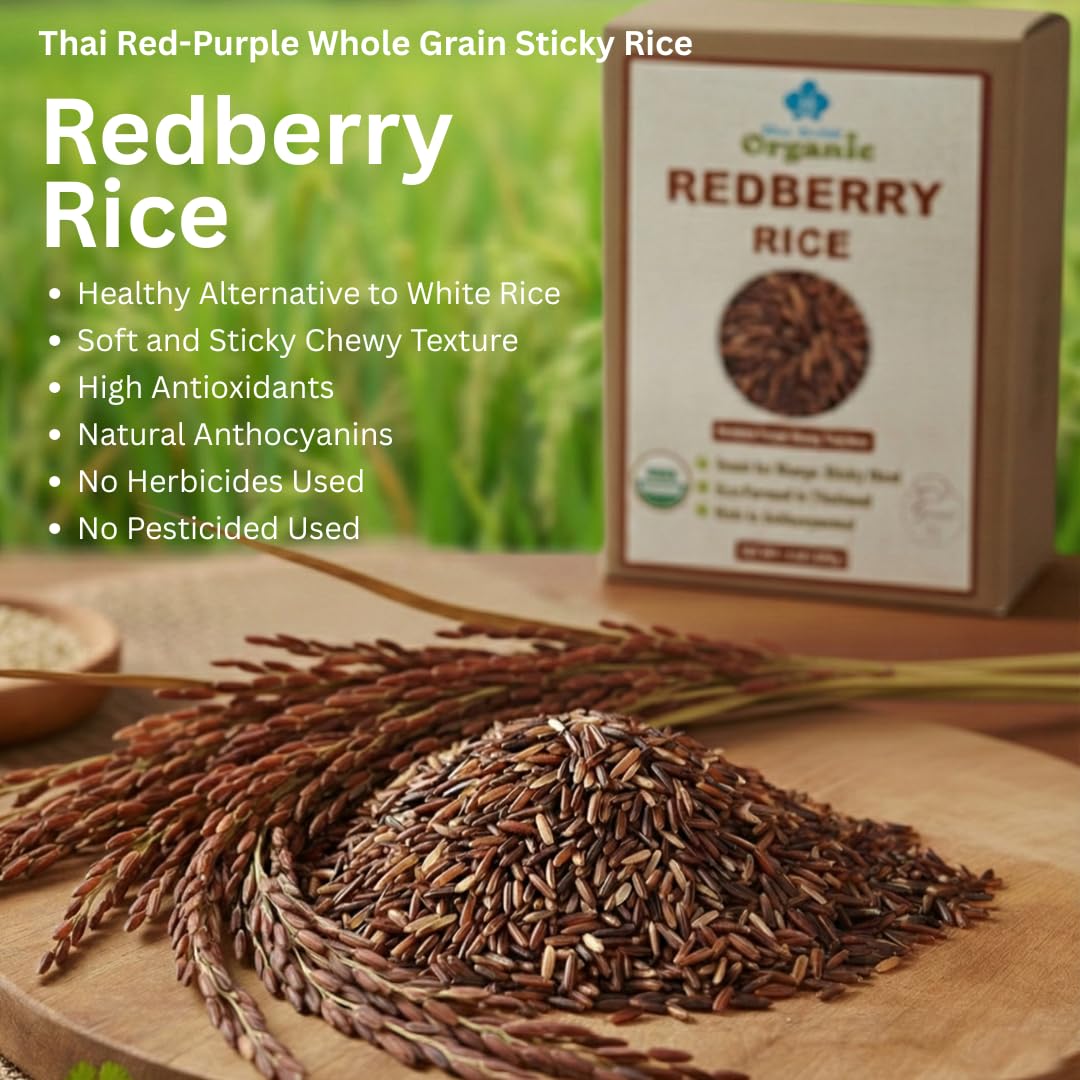 Organic Redberry Jasmine Rice | Reddish - Purple Sticky Thai Rice | Gluten Free and Preservative Free | Small Lot Farmed from Thailand