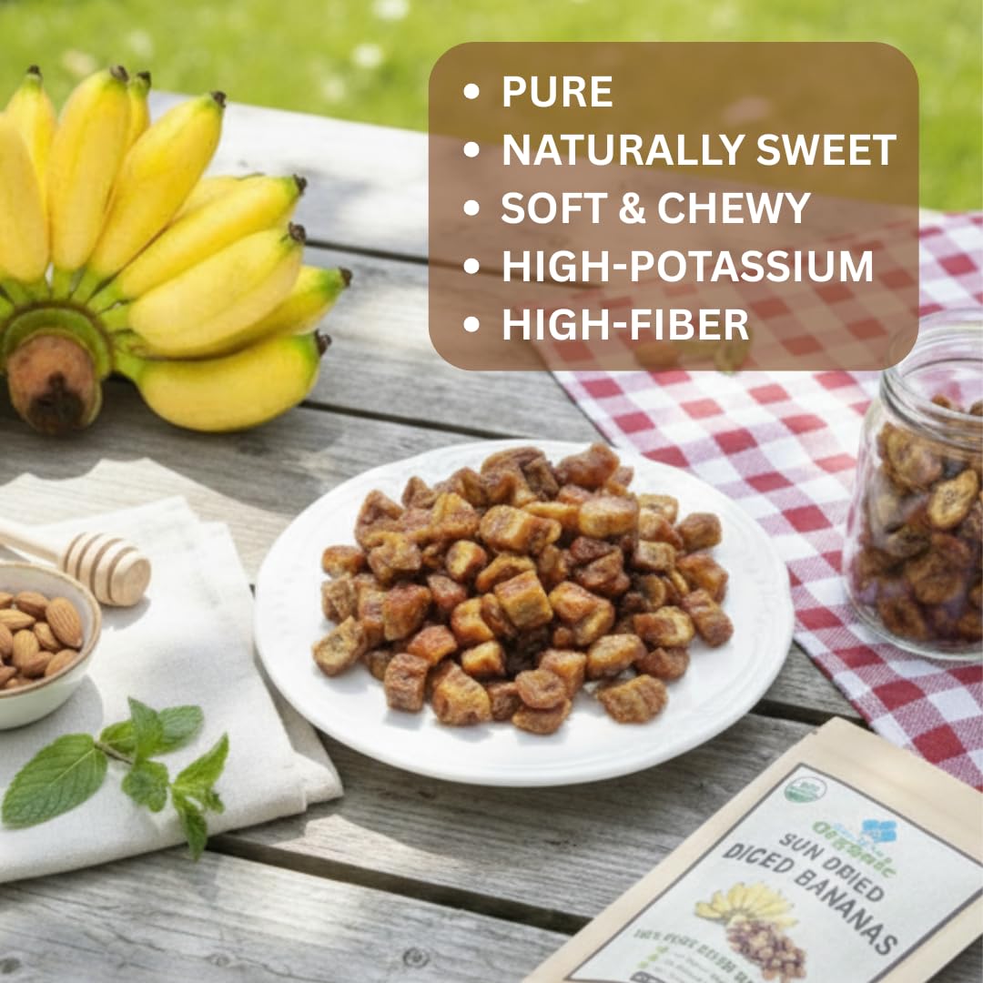 Organic Sun Dried Bananas Diced Fruit Pieces - Healthy Thai Natural Fruit Snacks - Soft and Chewy - No Sugar Added - No Preservatives - Unsulfured