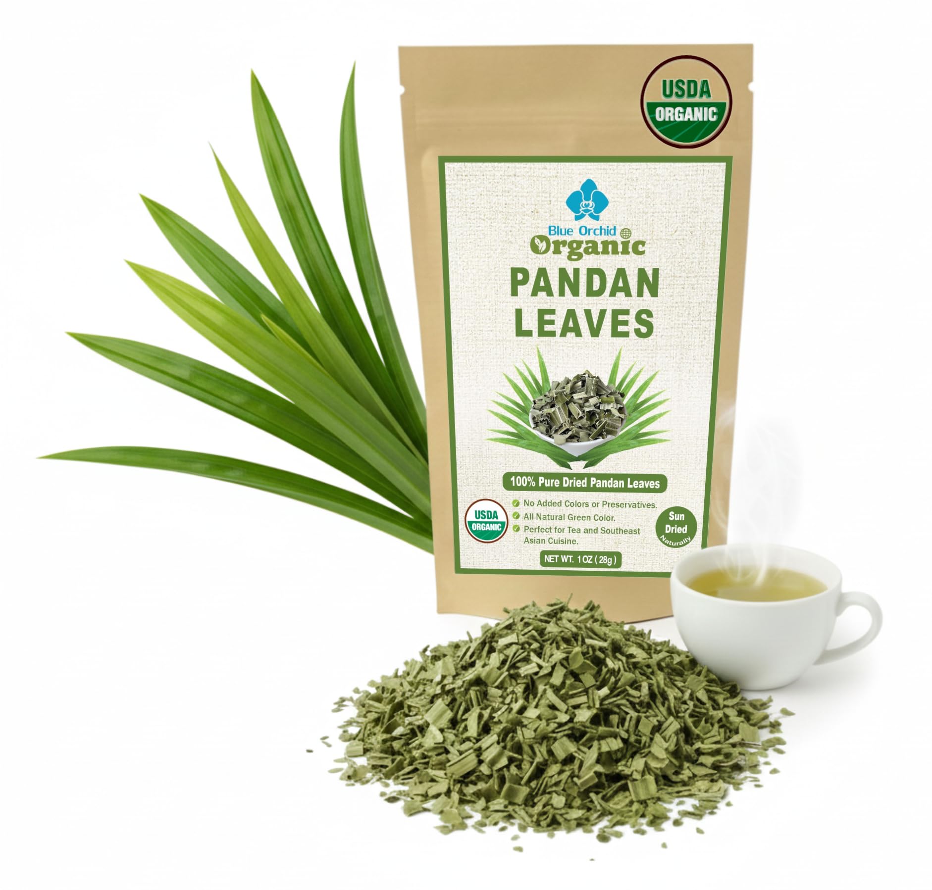 Organic Pandan Leaves - Dried Pandanus Loose Leaf - Gourmet Herbal Tea - Thai Spice for Desserts Stews and Curries - Cut and Sifted - 1 OZ