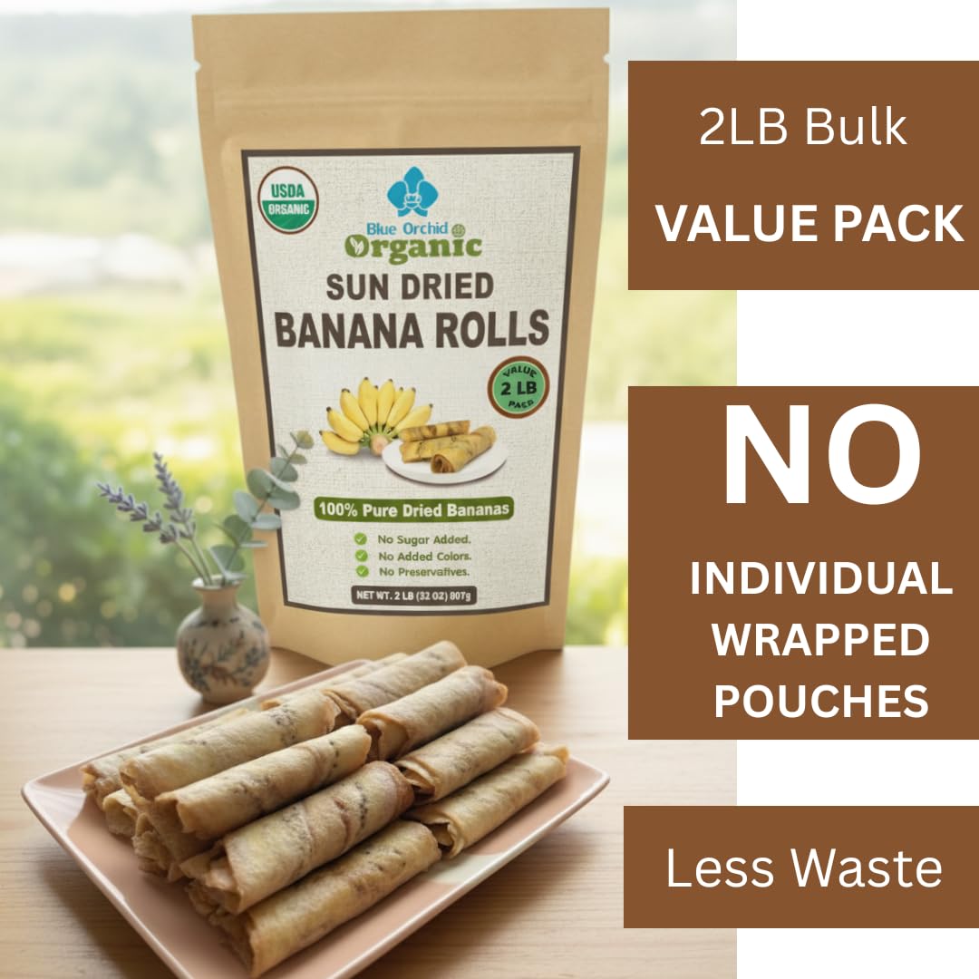 Organic Sun Dried Banana Snacks - Natural Fruit Leather No Sugar Added - No Preservatives - Unsulfured - Soft and Chewy - Bulk Value Pack