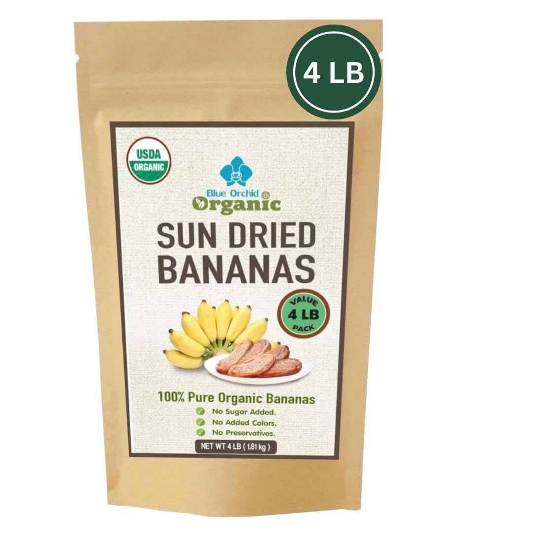 Organic Sun Dried Whole Bananas | No Sugar Added | No Preservatives | Unsulfured | Soft and Chewy Little Banana | Thai Natural Fruit Snacks | Super Potassium Snack (4 LB Whole Bananas)